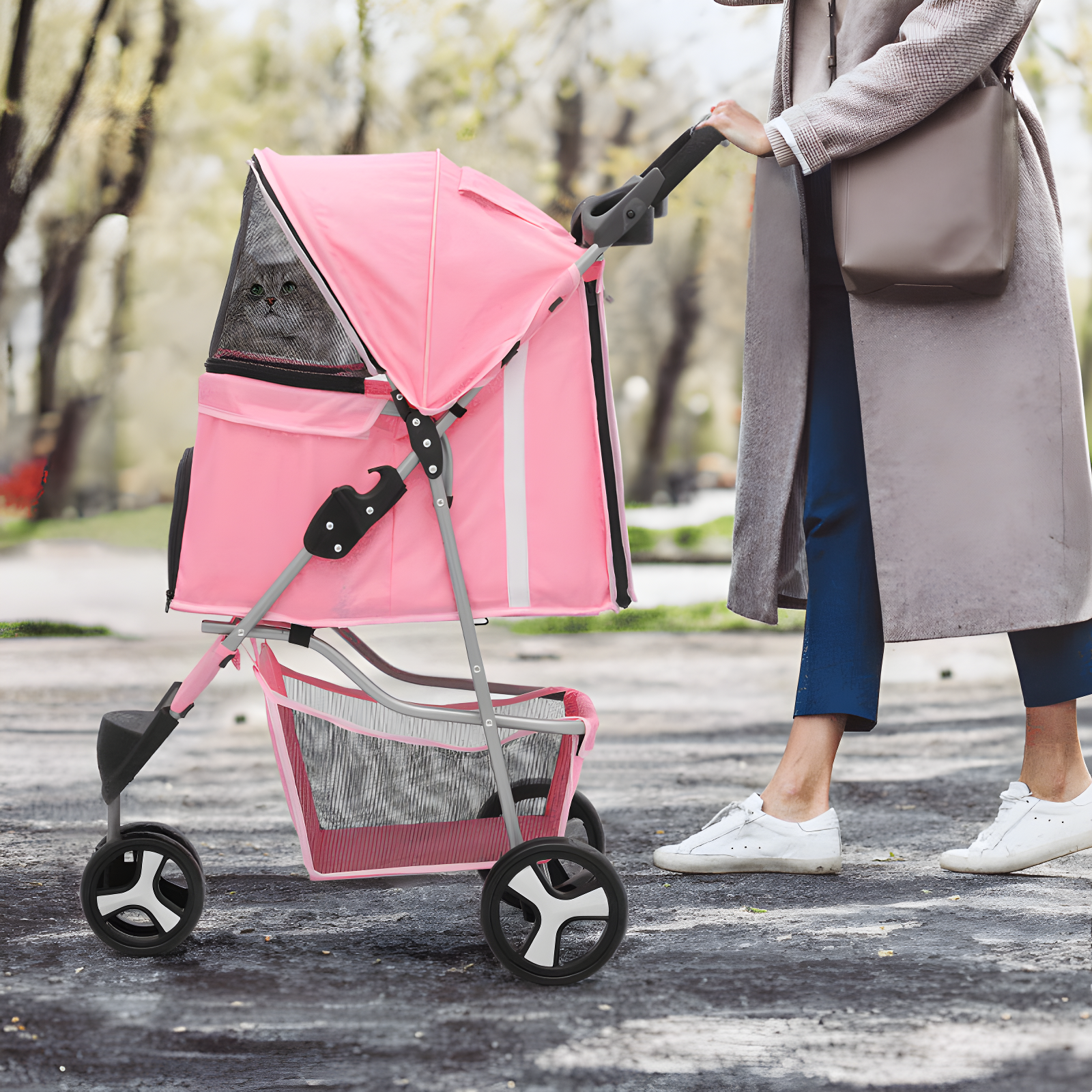 3 Wheel Folding Pet Stroller, Foldable Dog Jogger Stroller with Storage Basket, Cup Holder & Canopy