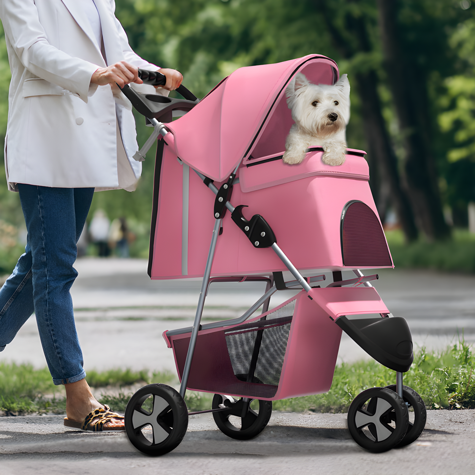 3 Wheel Folding Pet Stroller, Foldable Dog Jogger Stroller with Storage Basket, Cup Holder & Canopy