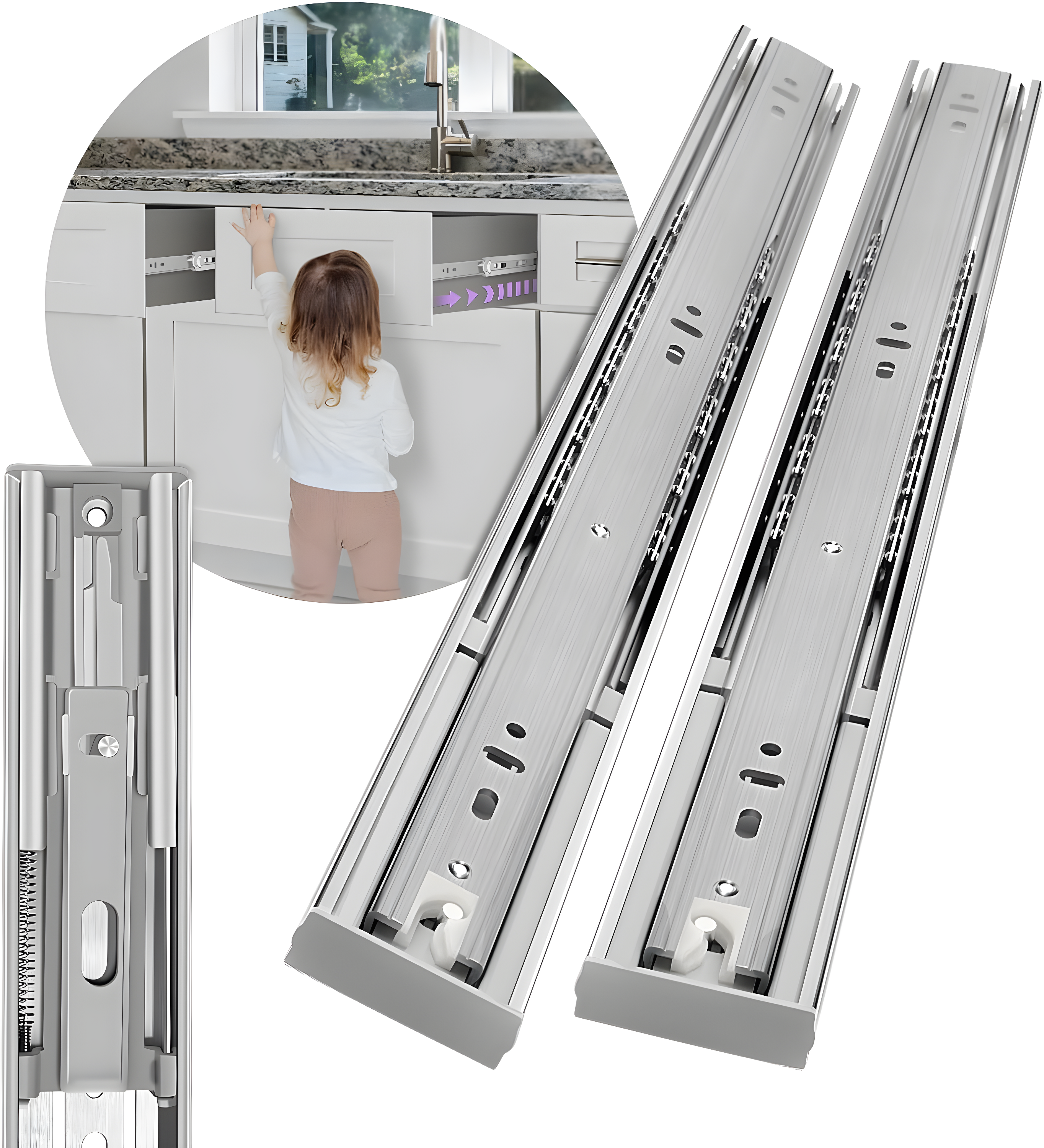 1 Pair Soft Close Stainless Steel Full Extension Drawer Hardware Slides 100 lb Load Capacity Side Mount Ball Bearing Self Close Kitchen Cabinet Rails Dresser Runners(Sliver,14 inch)