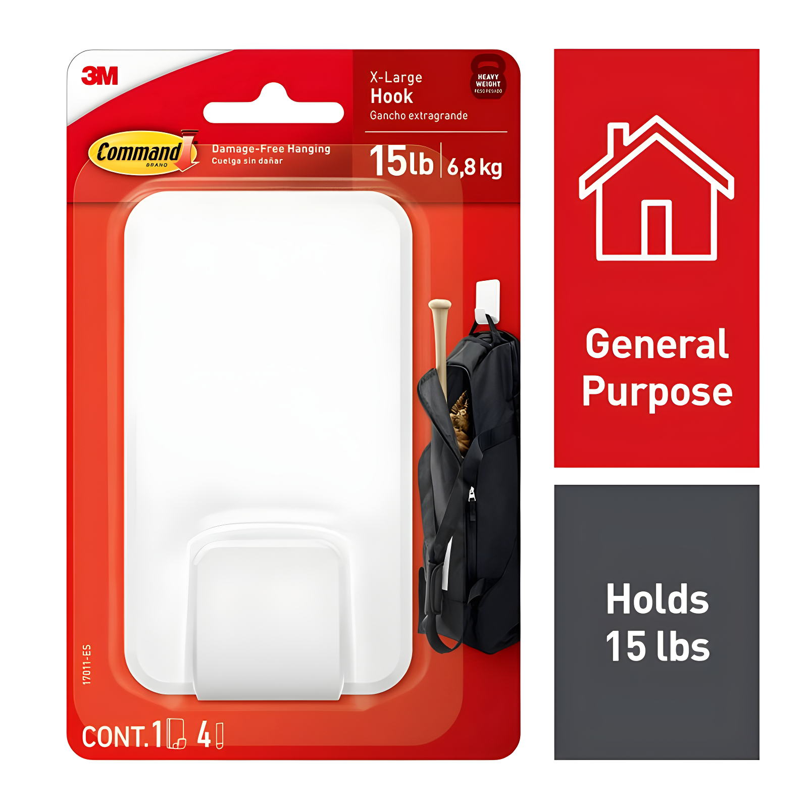 Command Extra Large Single Hook: Heavy Duty Adhesive, Holds 15 lbs, Plastic, White, 1 Pack