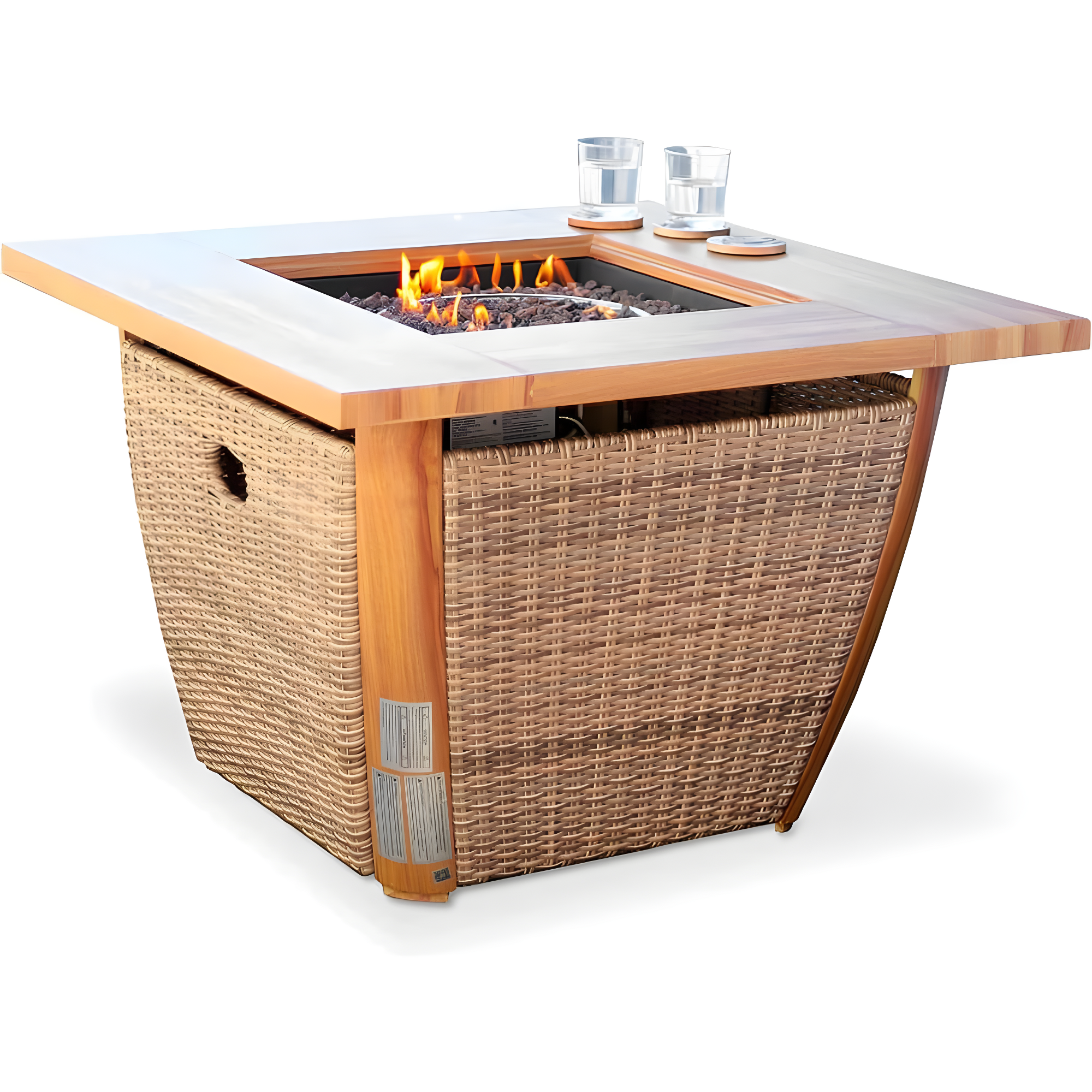 Sunjoy 38 Inch Smokeless Fire Pit Outdoor Wicker Propane Gas Fire Pit Table Hidden Propane Tank Fire Pits with Lid and Lava Rocks