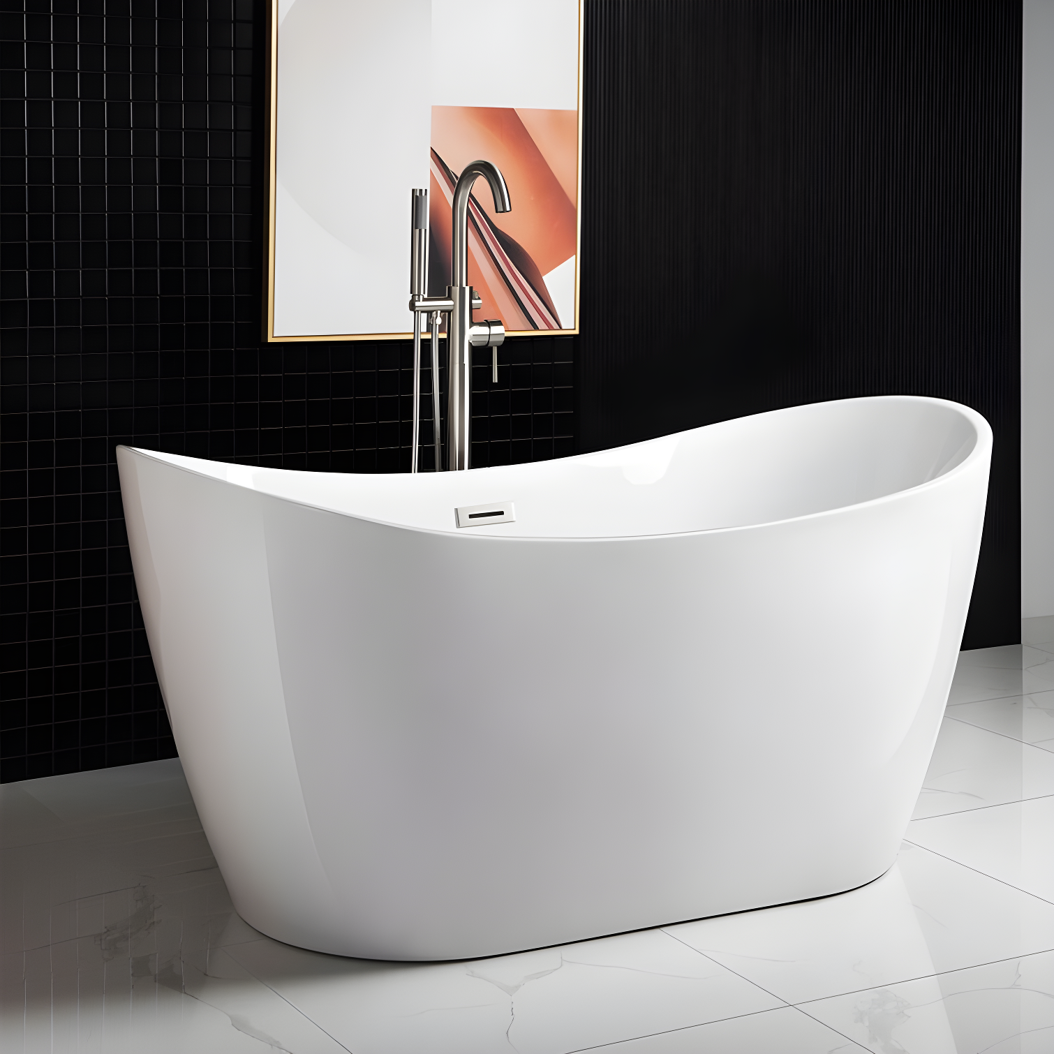 WoodBridge 59" x 28.75" Freestanding Soaking Acrylic Double Slipper Bathtub, Non-Slip Bottom Design BTA-1516