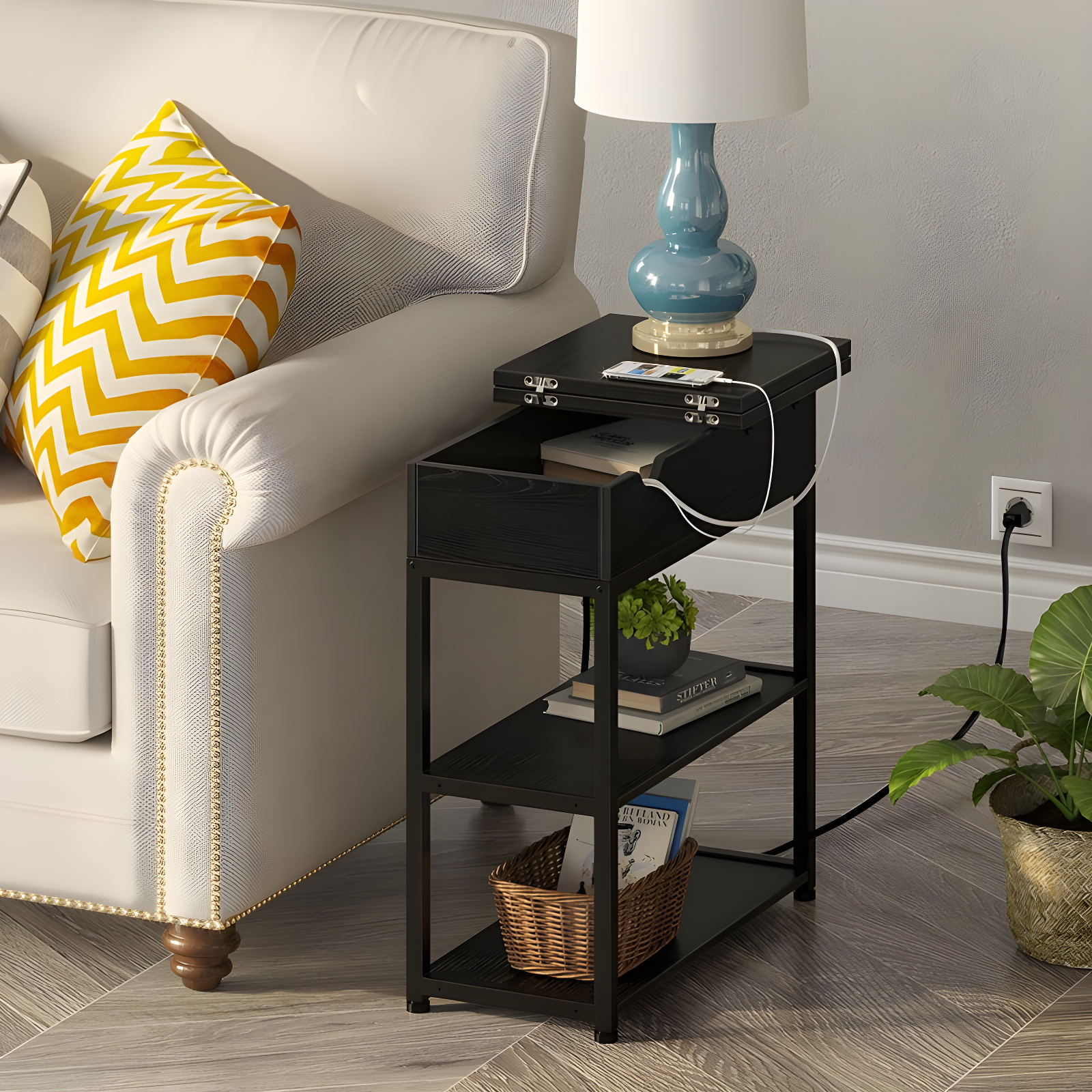 17 Stories End Table with Storage and Charging Station