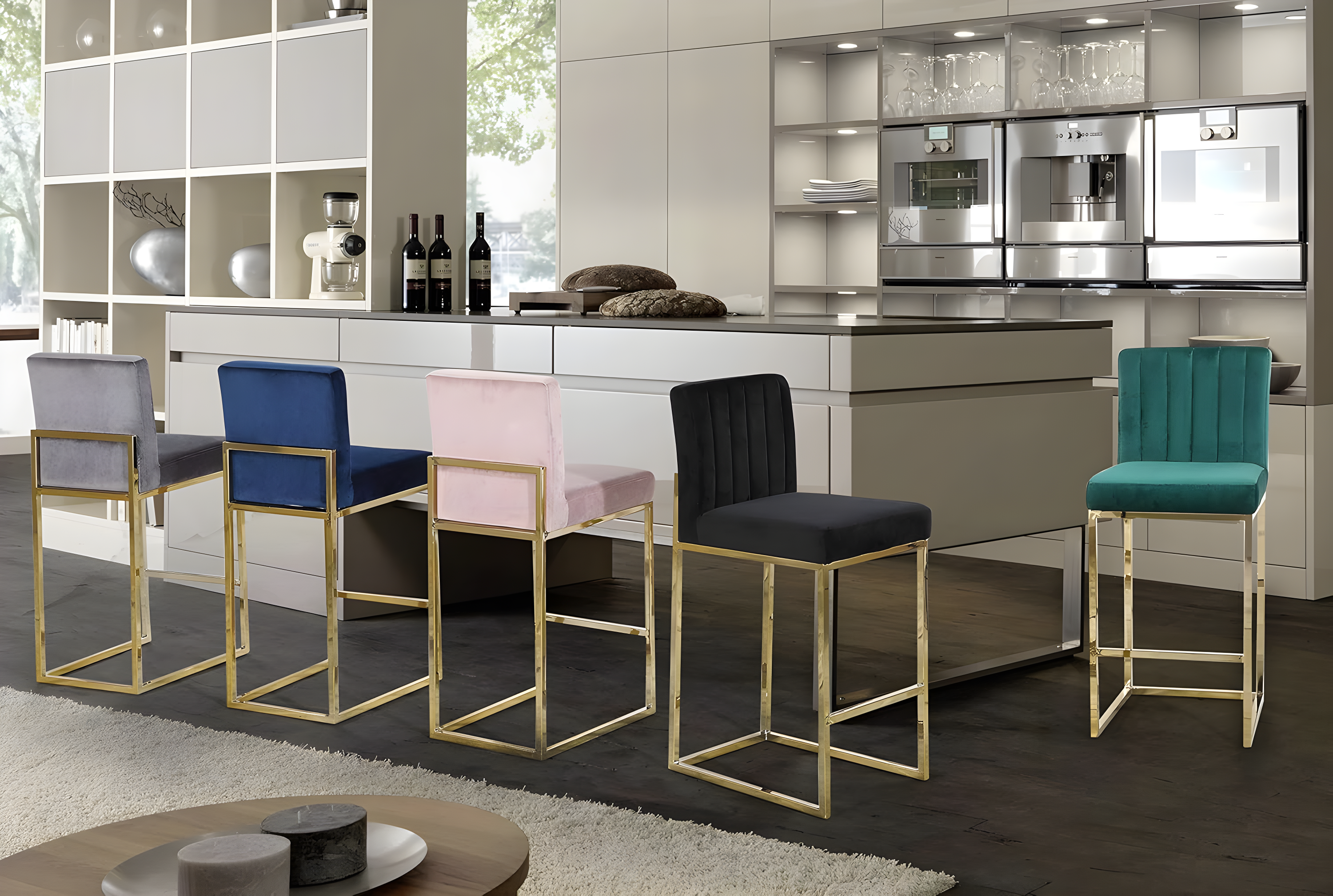 Navy Velvet Counter Height Stool with Polished Gold Frame
