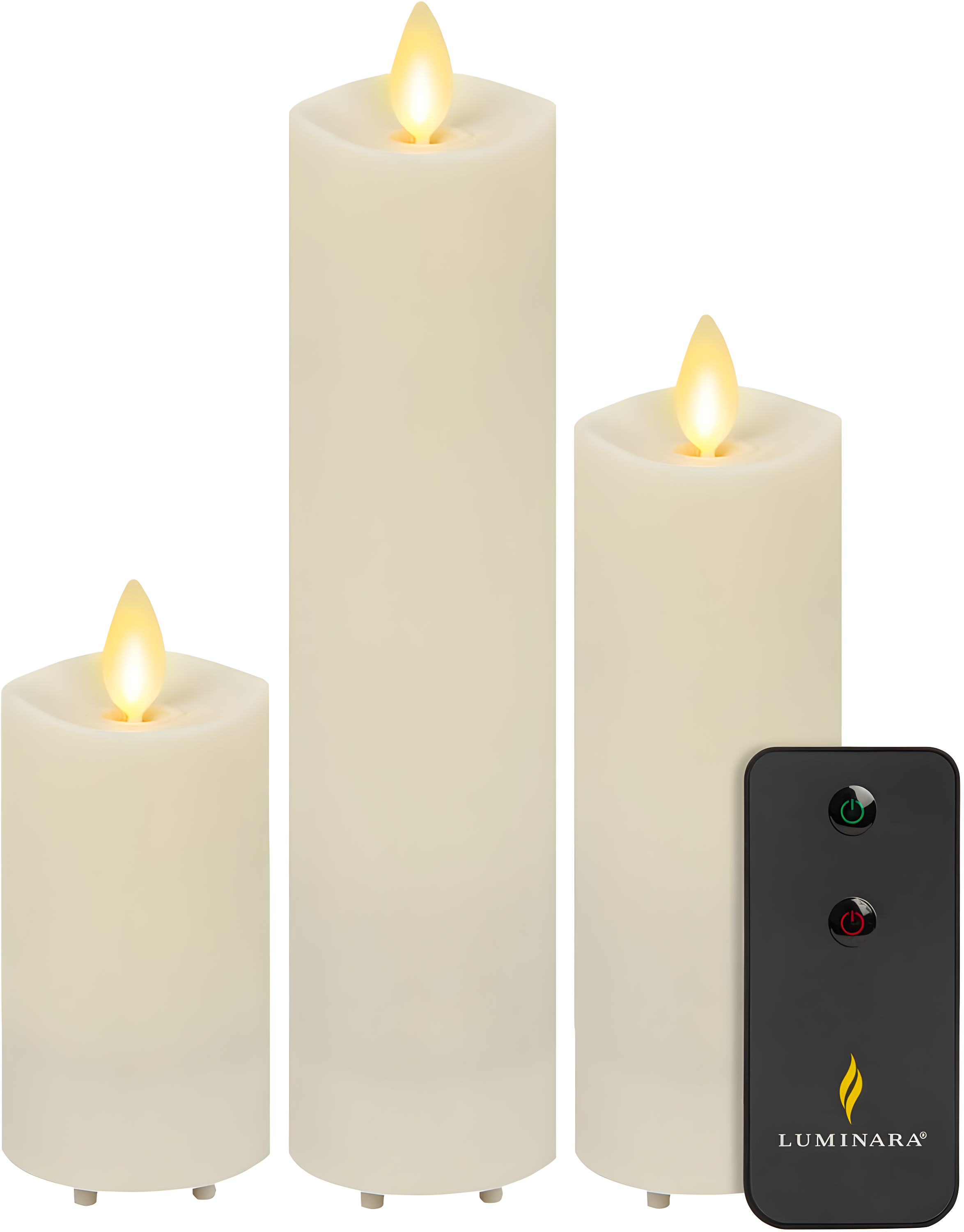 Luminara Outdoor Slim Pillar Flameless LED Candle, Set of 3 Ivory, Moving Flame Weather Resistant Remote Timer Ready Battery Operated Safe Melted Edge