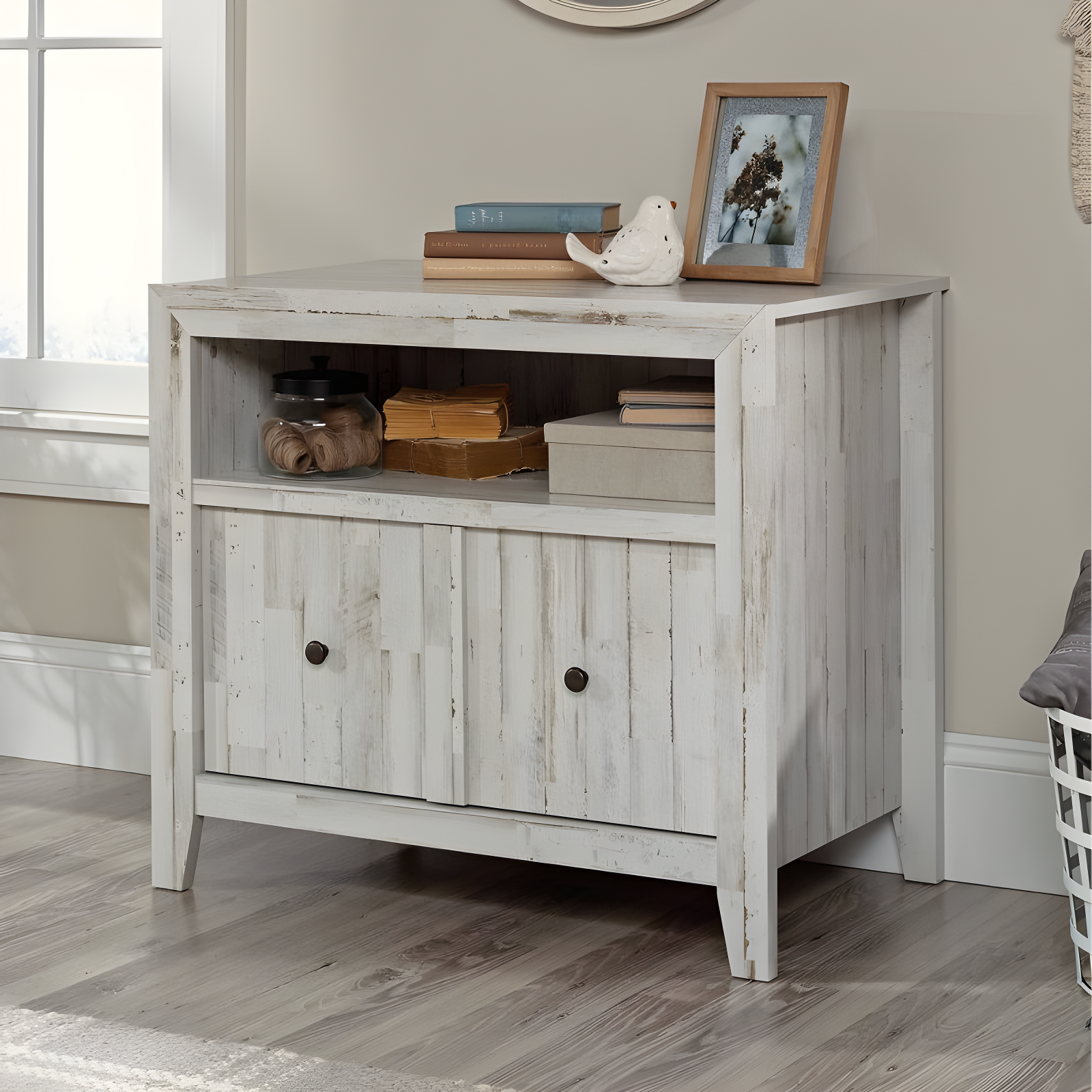 Dakota Pass Lateral File White Plank - Sauder: 1-Drawer, Open Shelf, MDF Construction, Metal Hardware