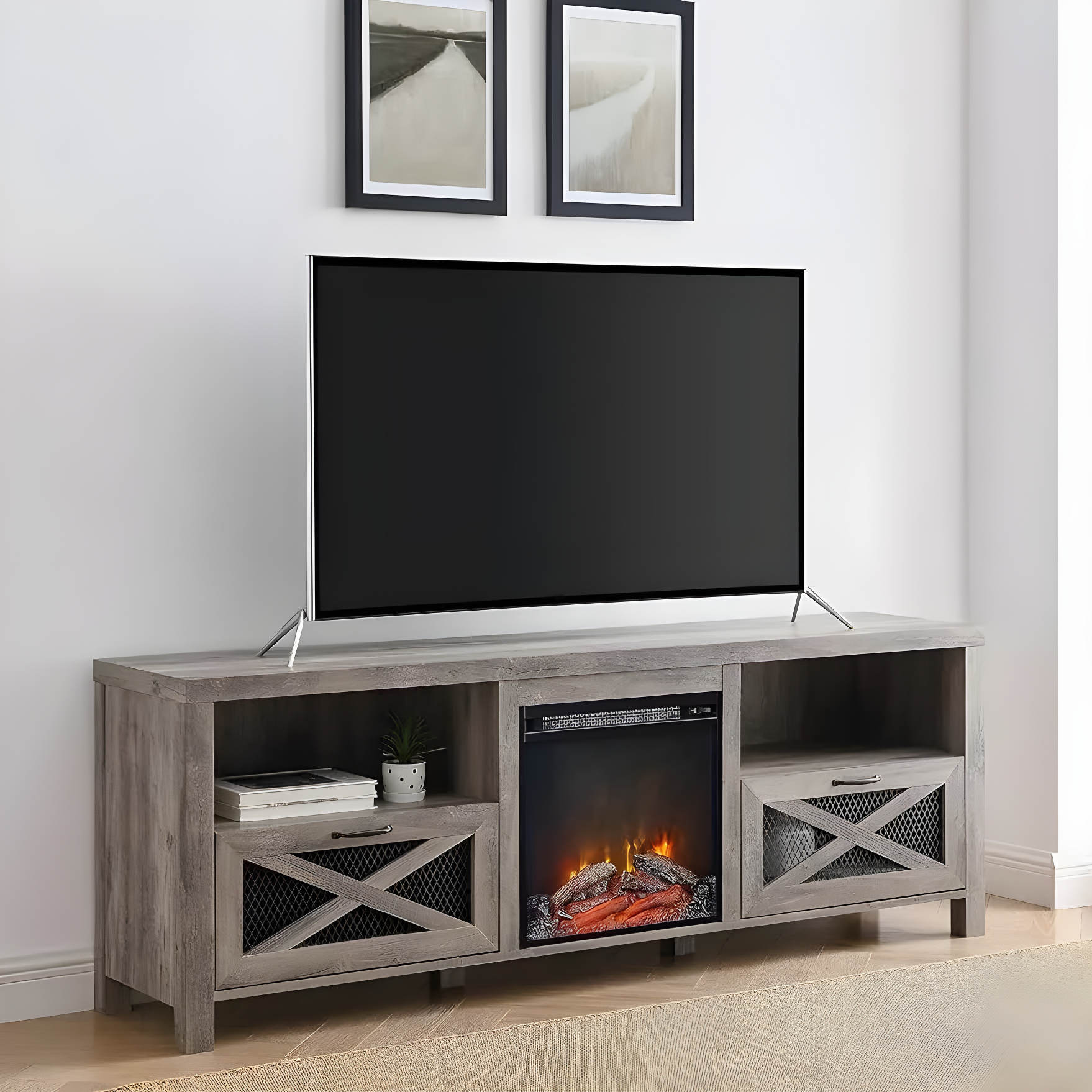 Walker Edison Farmhouse Fireplace TV Stand for TVs up to 80", Grey Wash