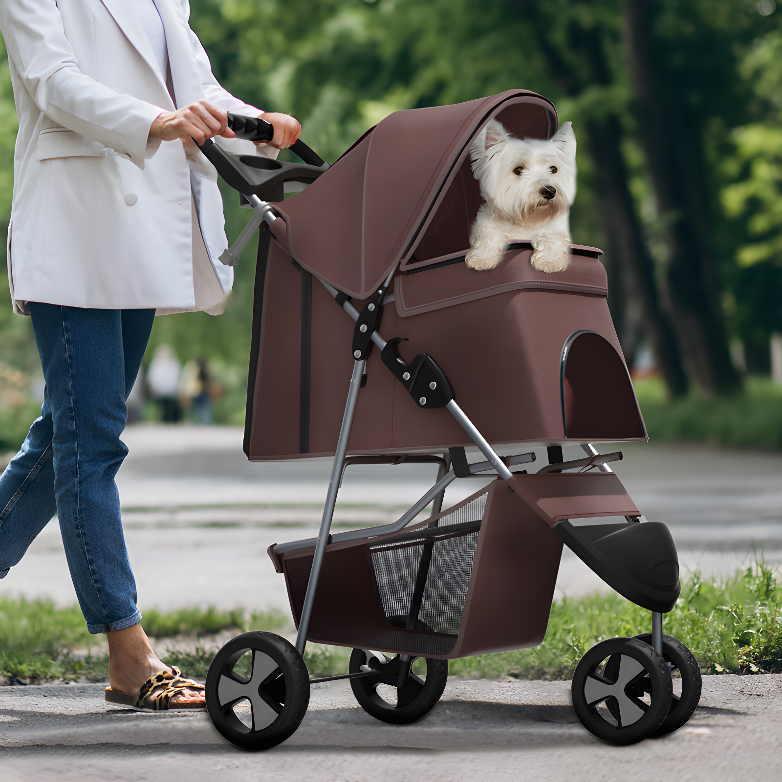 3 Wheel Folding Pet Stroller, Foldable Dog Jogger Stroller with Storage Basket, Cup Holder & Canopy