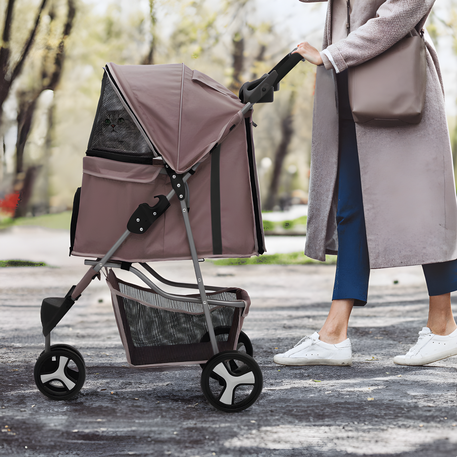 3 Wheel Folding Pet Stroller, Foldable Dog Jogger Stroller with Storage Basket, Cup Holder & Canopy