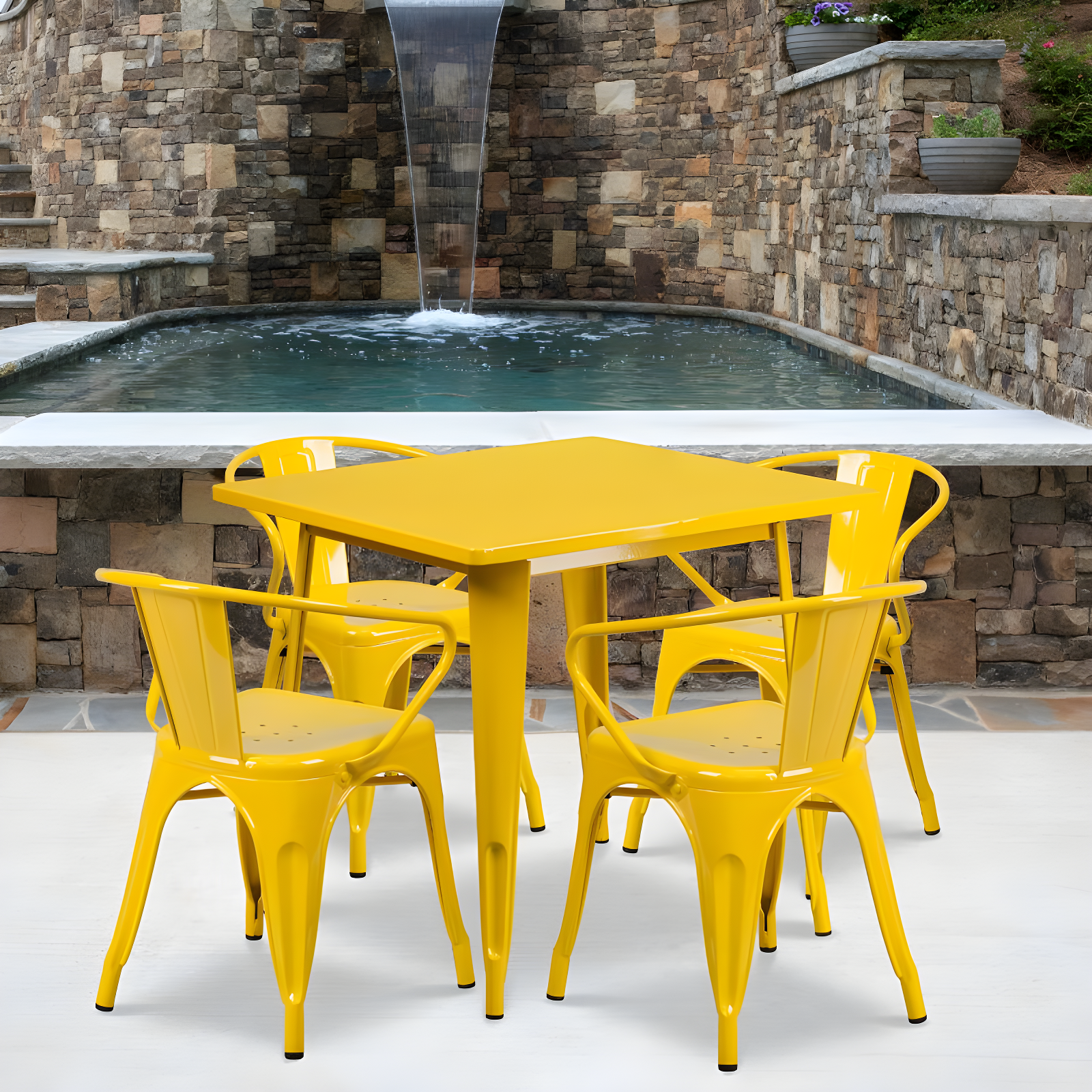 Flash Furniture Commercial Grade 31.5" Square Yellow Metal Indoor-Outdoor Table Set with 4 Arm Chairs