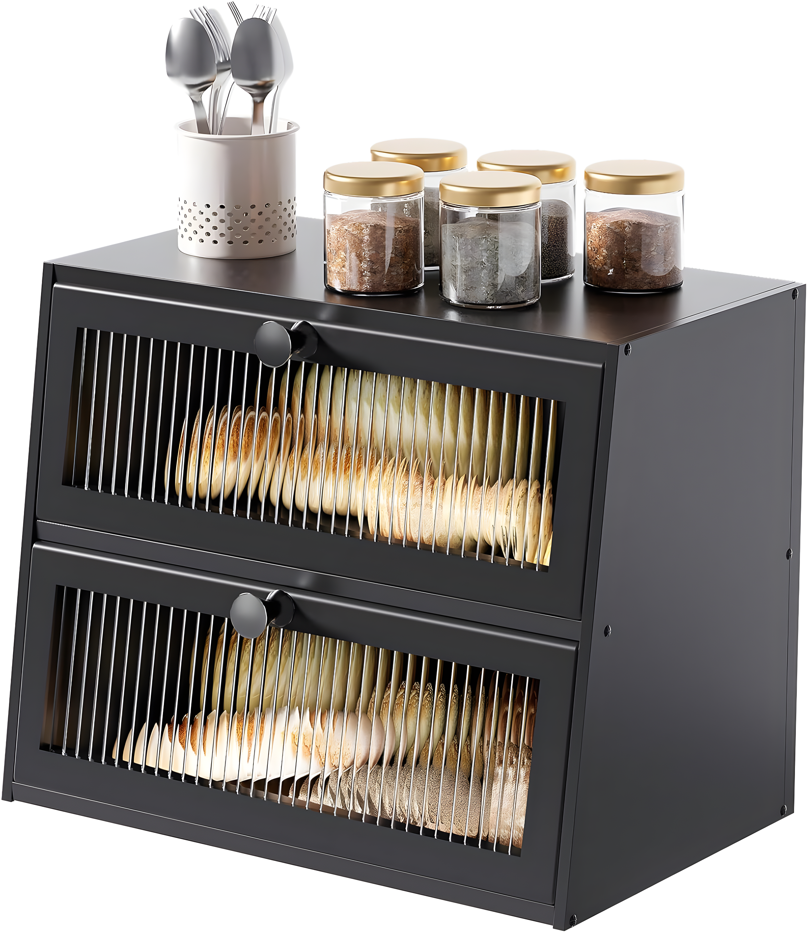 Bread Box for Kitchen Countertop,Extra Large 2 Layer Breadbox Wooden Farmhouse Bread Storage Container Bread Bin Bread Holder Food Organizer Pantry Shelf Acrylic Window(Black)