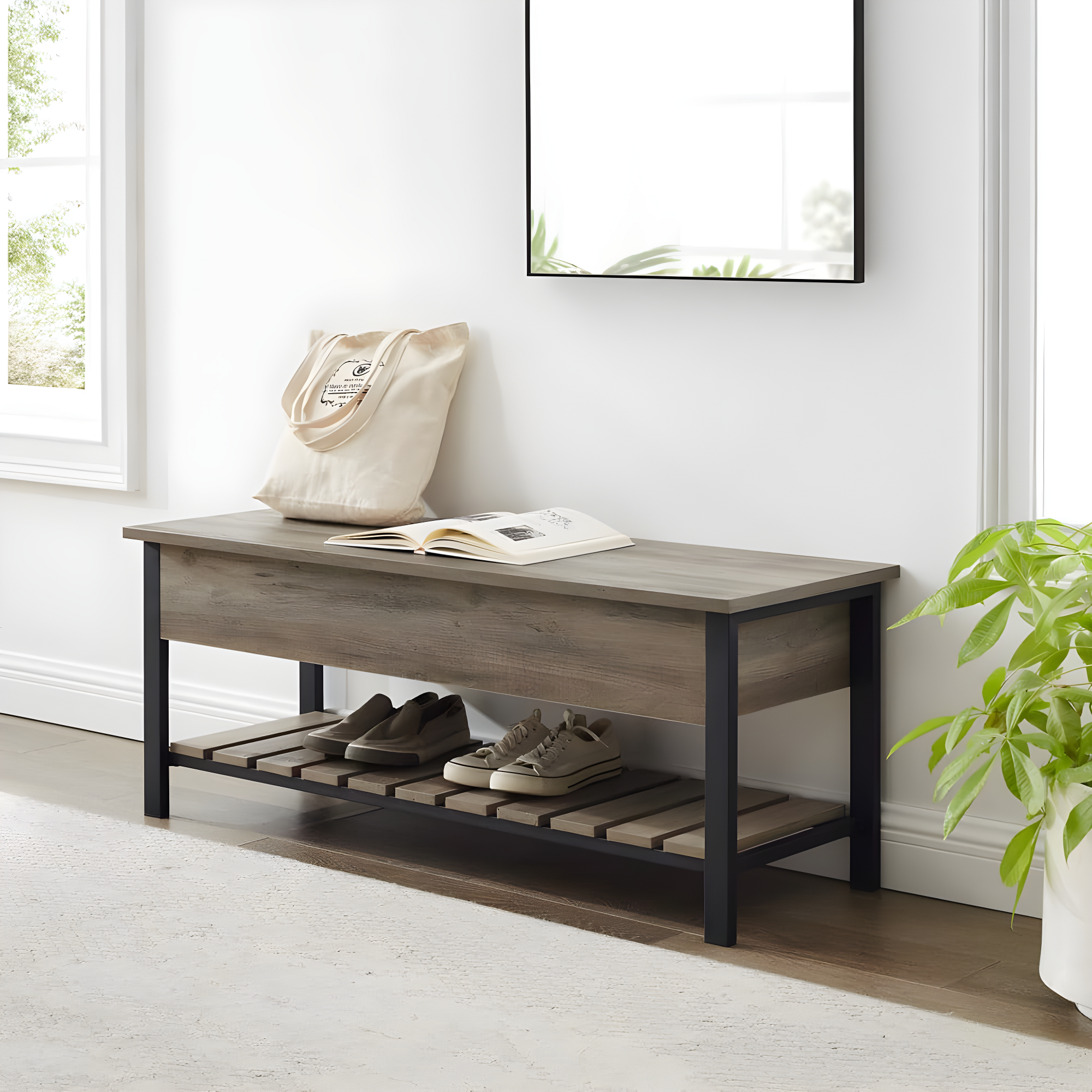 Walker Edison Storage Bench, Grey Wash