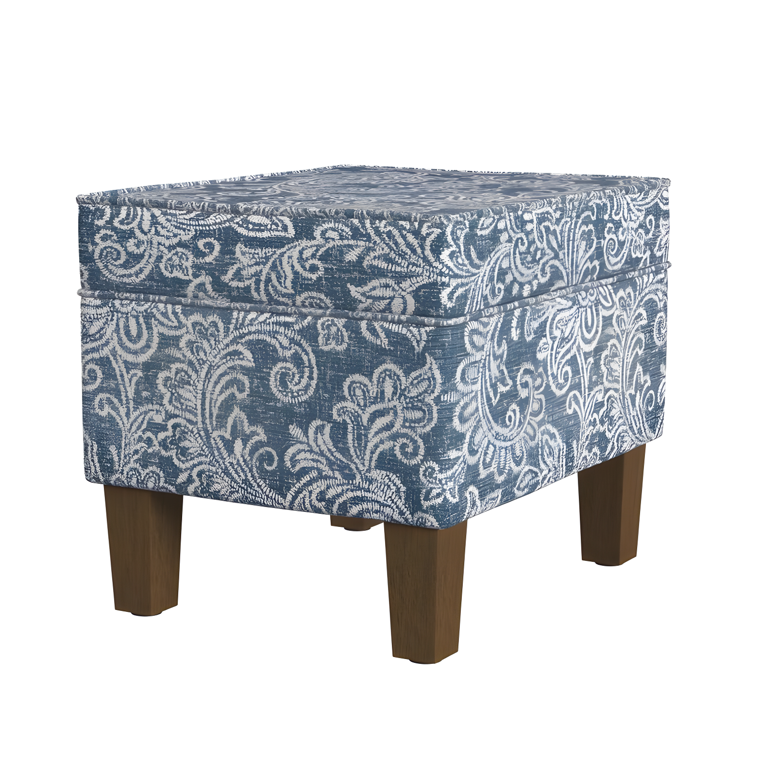 Medium Storage Ottoman Denim - HomePop: Upholstered Footstool, Botanical Pattern, Hardwood Frame