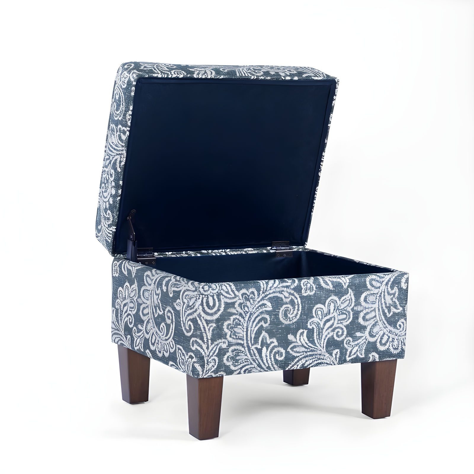 Medium Storage Ottoman Denim - HomePop: Upholstered Footstool, Botanical Pattern, Hardwood Frame