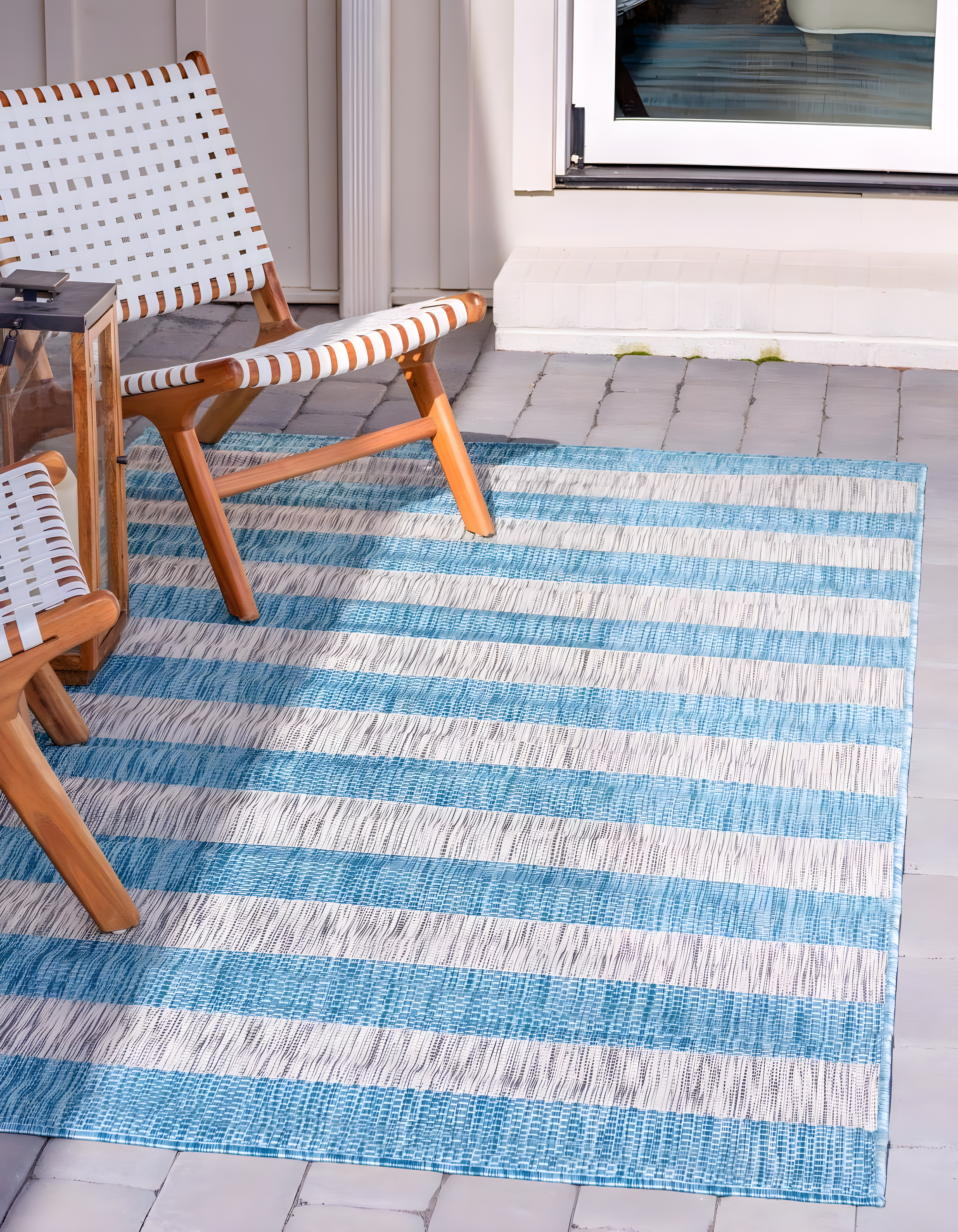 Unique Loom Outdoor Striped Collection Area Rug - Distressed Stripe (9' x 12' Rectangle Light Aqua/Gray)