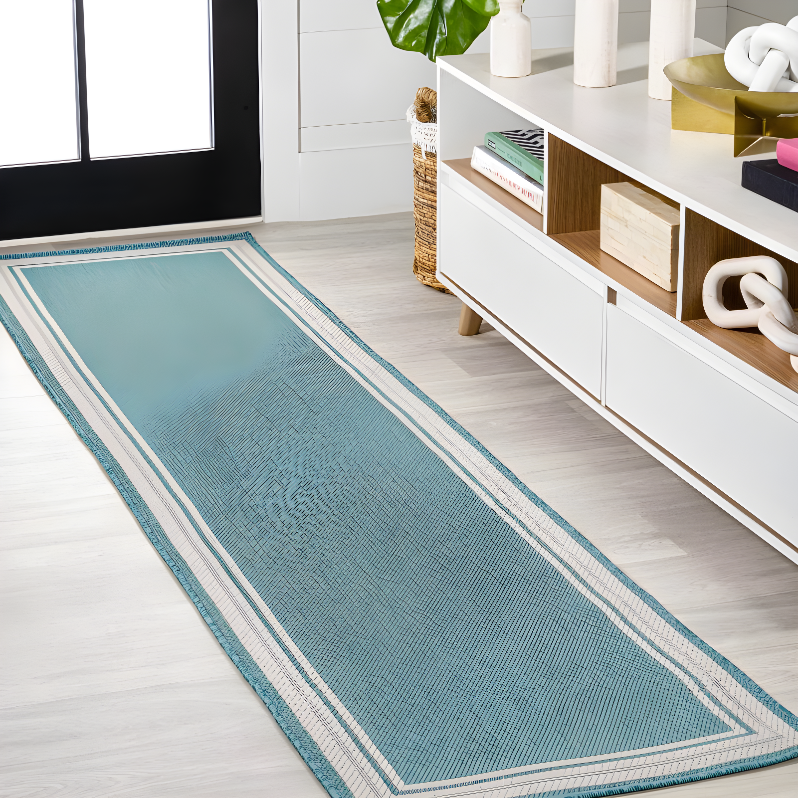 2' x 8' James Modern Border Stripe Indoor/Outdoor Runner Rug, Aqua/Beige - JONATHAN Y