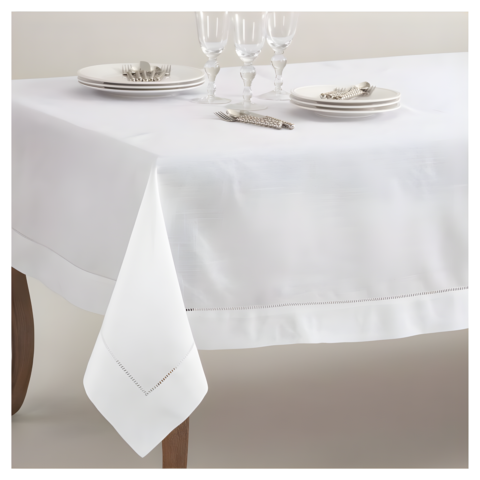 70"x120" Hemstitch Border Design Tablecloth White - Saro Lifestyle: Rectangle, Machine Washable, Solid Pattern
