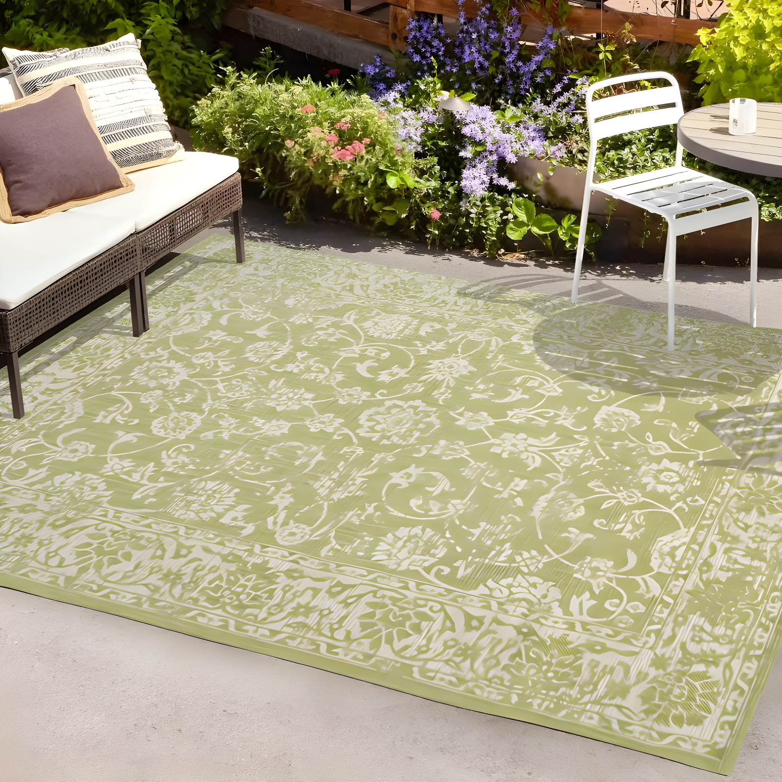 4' x 6' Tela Bohemian Styled Textured Weave Floral Indoor/Outdoor Area Rug, Green/Cream - JONATHAN Y