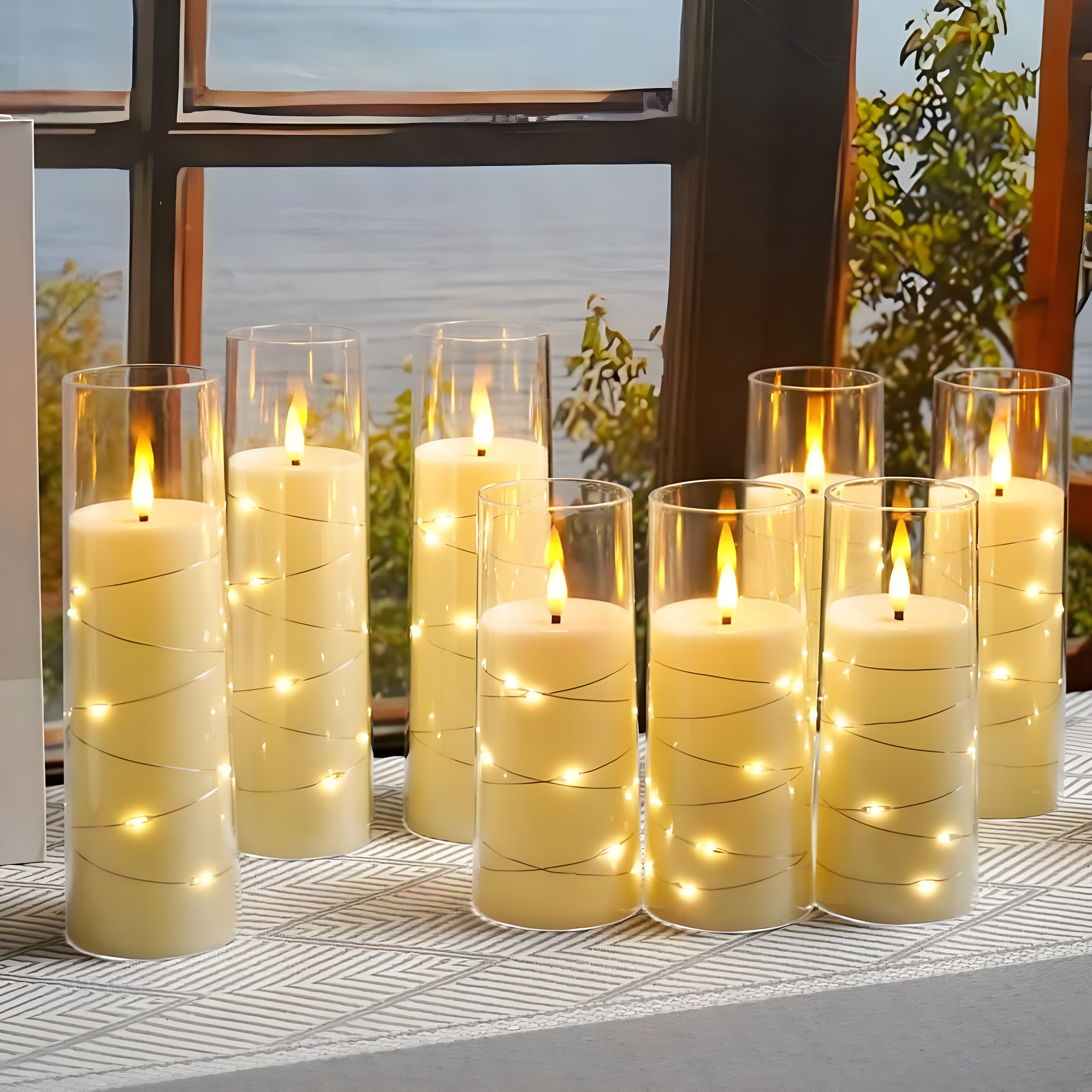 Raycare Flameless LED Candles with Embedded Star String, 9 Pcs Battery Operated Acrylic Pillar Candles with Timer and Remote, Flickering for Romantic Ambiance and Home Decoration (White)
