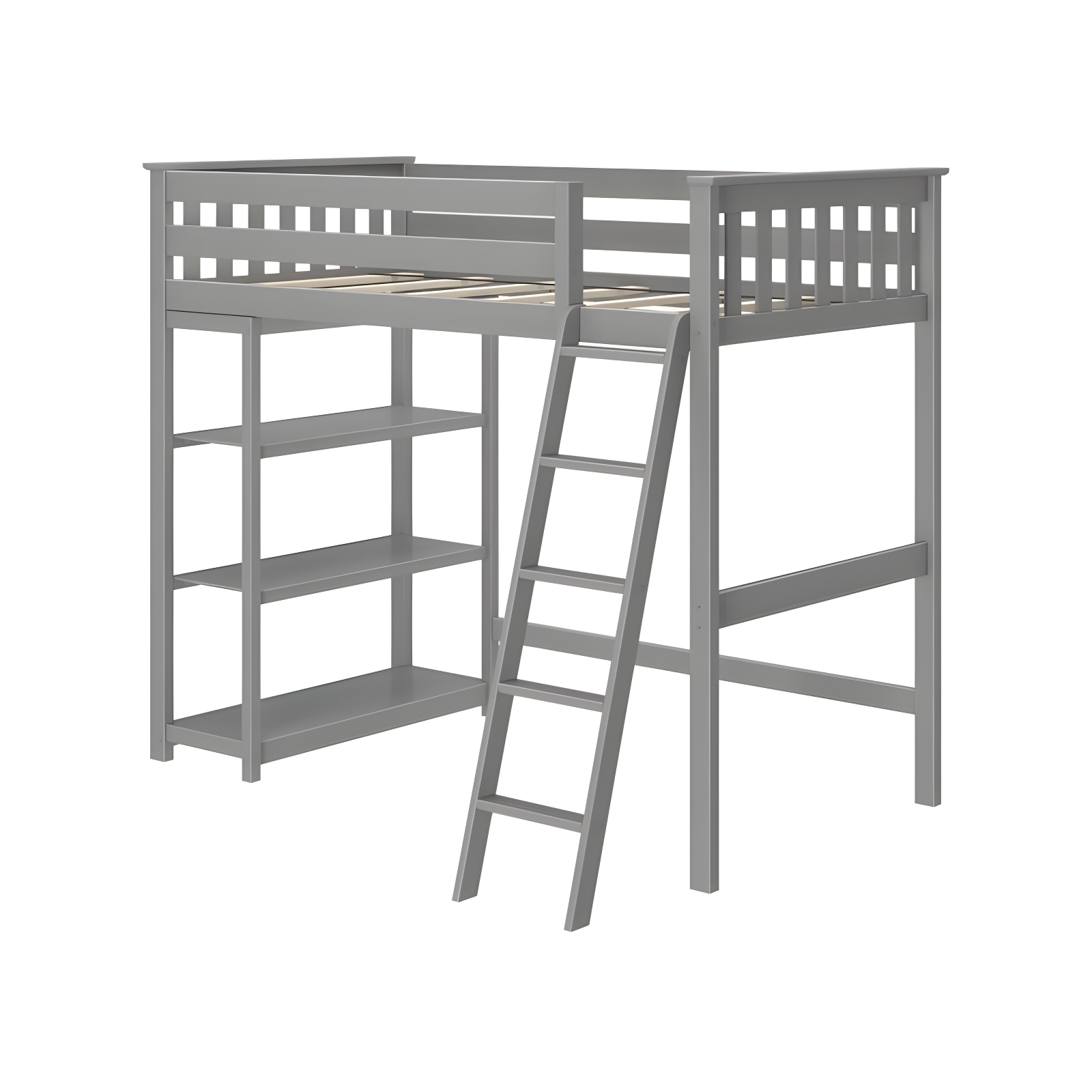 Max & Lily Solid Wood High Loft Bed,Twin Bed Frame For Kids With Bookcase and Ladder, Grey