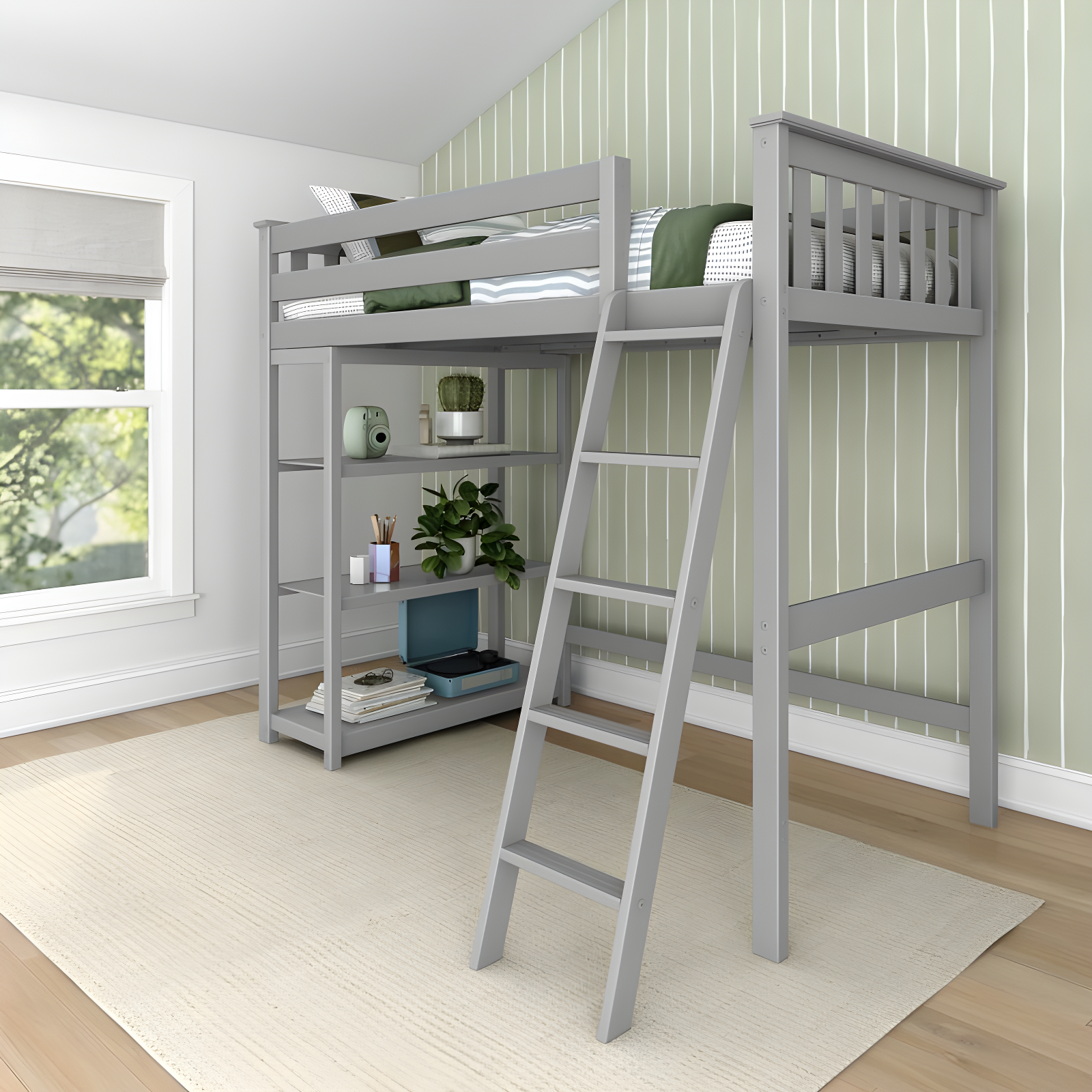 Max & Lily Solid Wood High Loft Bed,Twin Bed Frame For Kids With Bookcase and Ladder, Grey