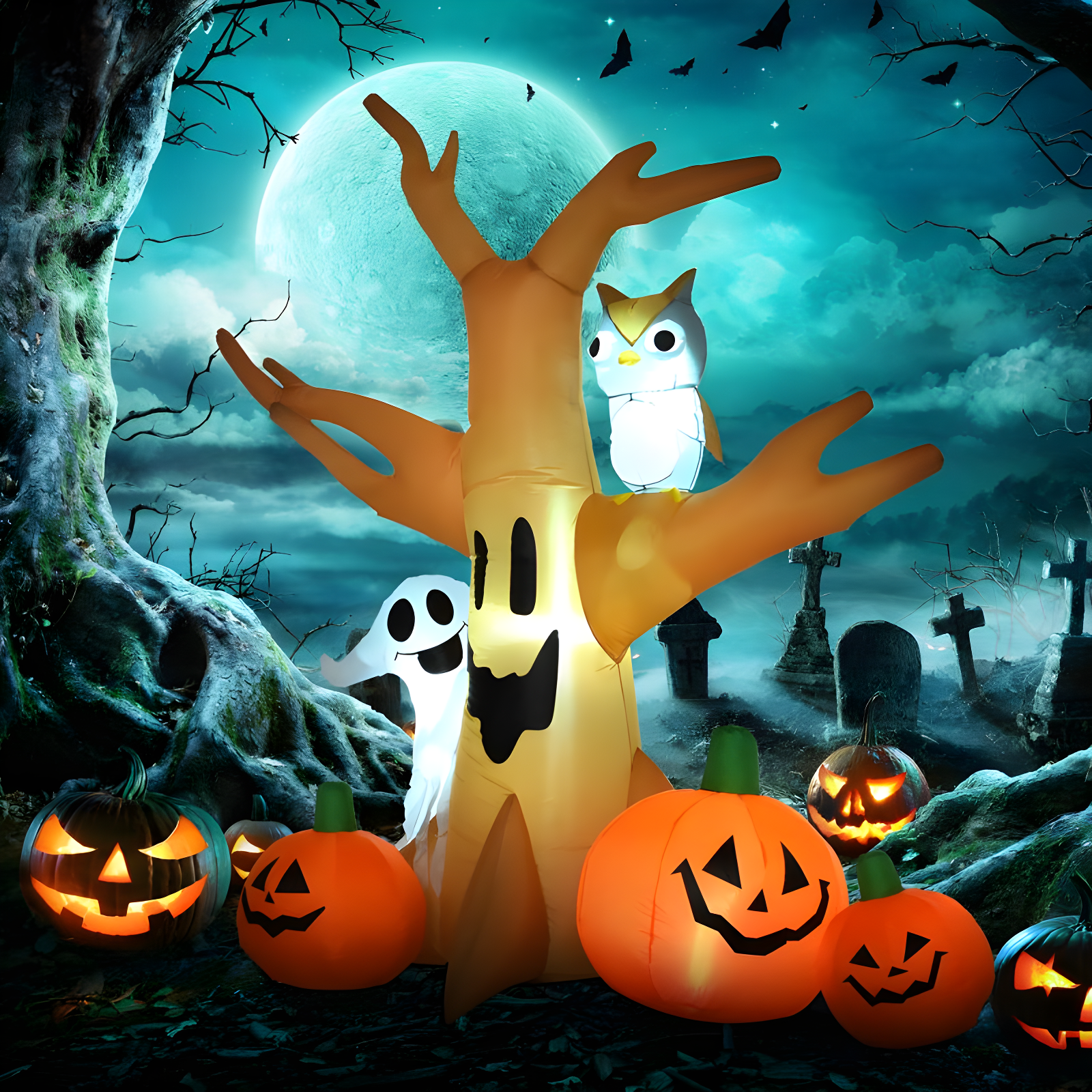 HOMCOM 7.5' Tall Lighted Inflatable Cute Halloween Decoration, Haunted Tree With Owl, Ghost, Pumpkins, Blow Up Outdoor LED Yard Display, Waterproof
