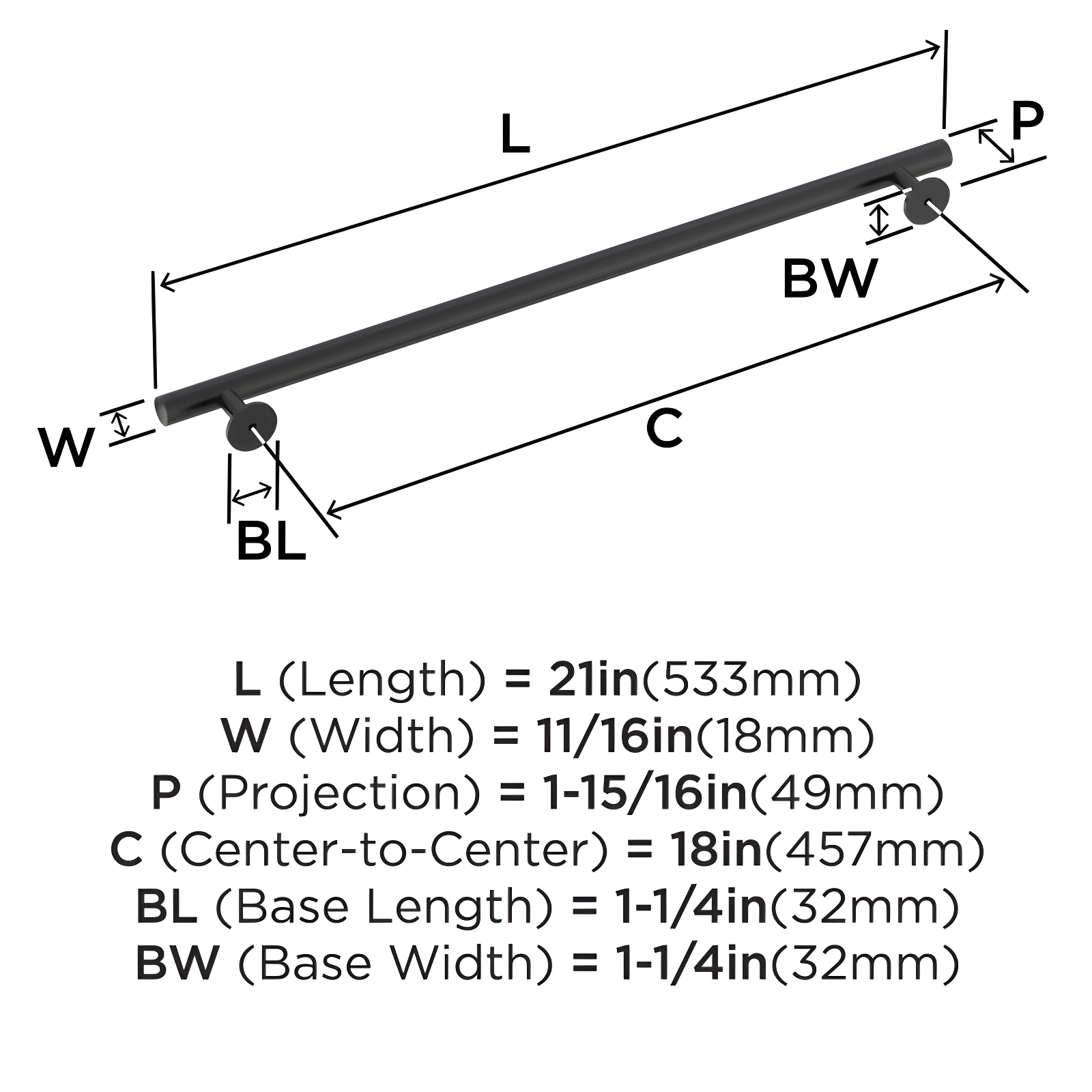 Amerock Radius 18 inch (457mm) Center-to-Center Matte Black Appliance Pull