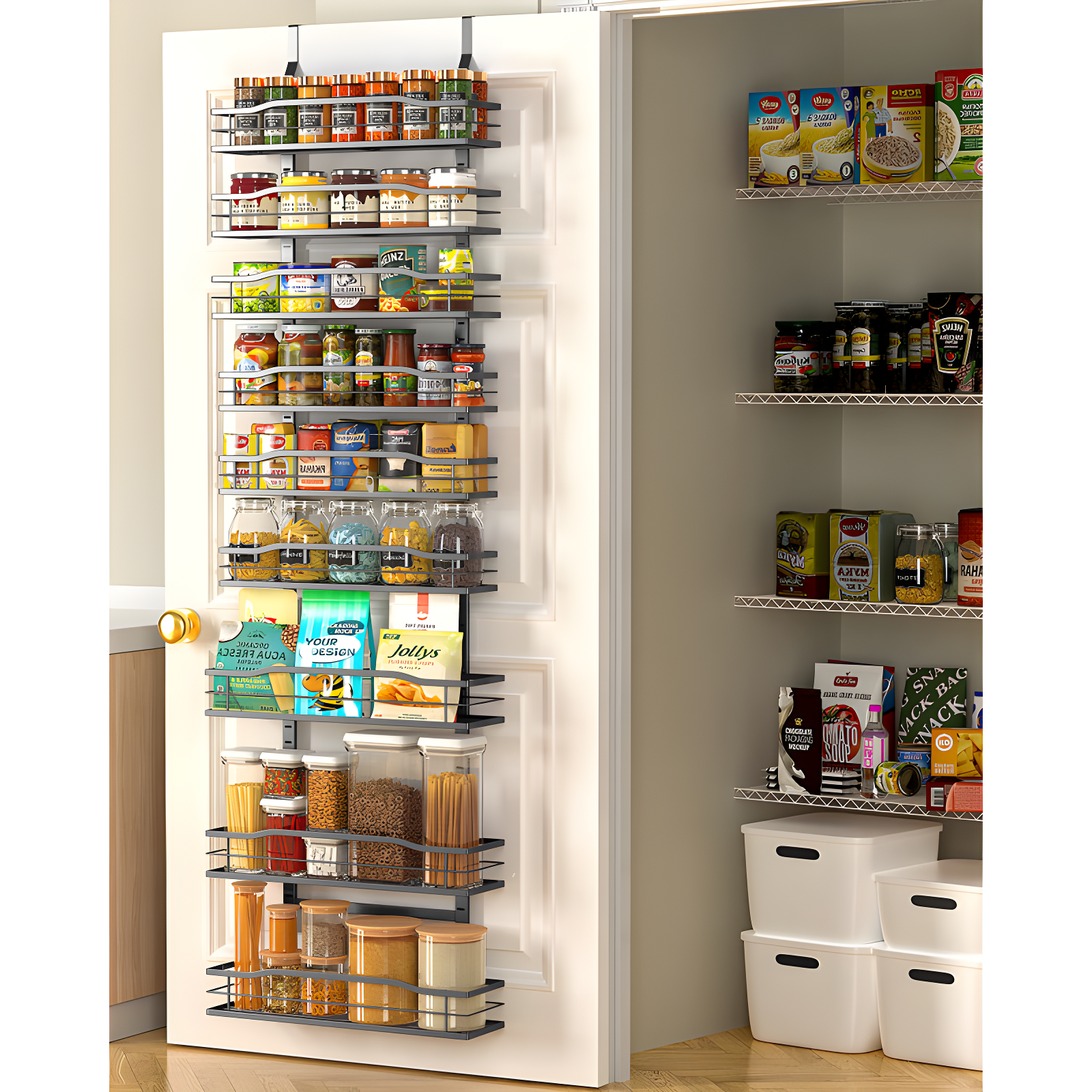 Rebrilliant 9-Tier Over The Door Pantry Organizer, Black Hanging Basket Wall Spice Rack Seasoning Shelves