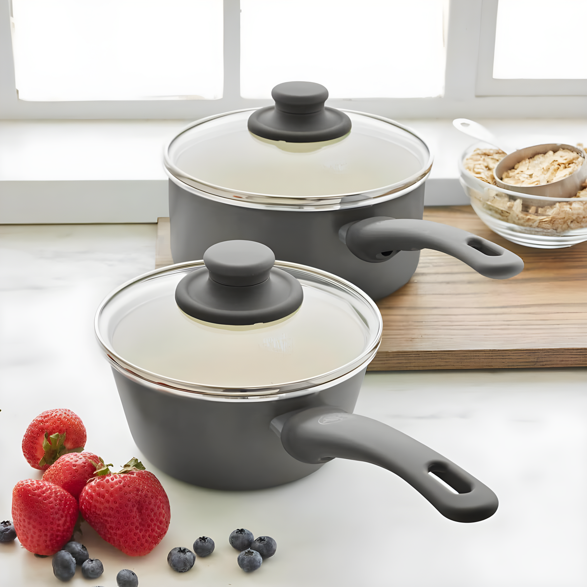 GreenLife Soft Grip 1QT and 2QT Saucepan Set, Healthy Ceramic Nonstick, Non Toxic PFAS & PFOA-Free, Dishwasher Safe, Glass Lids, Stay-Cool Handles, Easy Clean Cookware, Kitchen Essentials, Gray