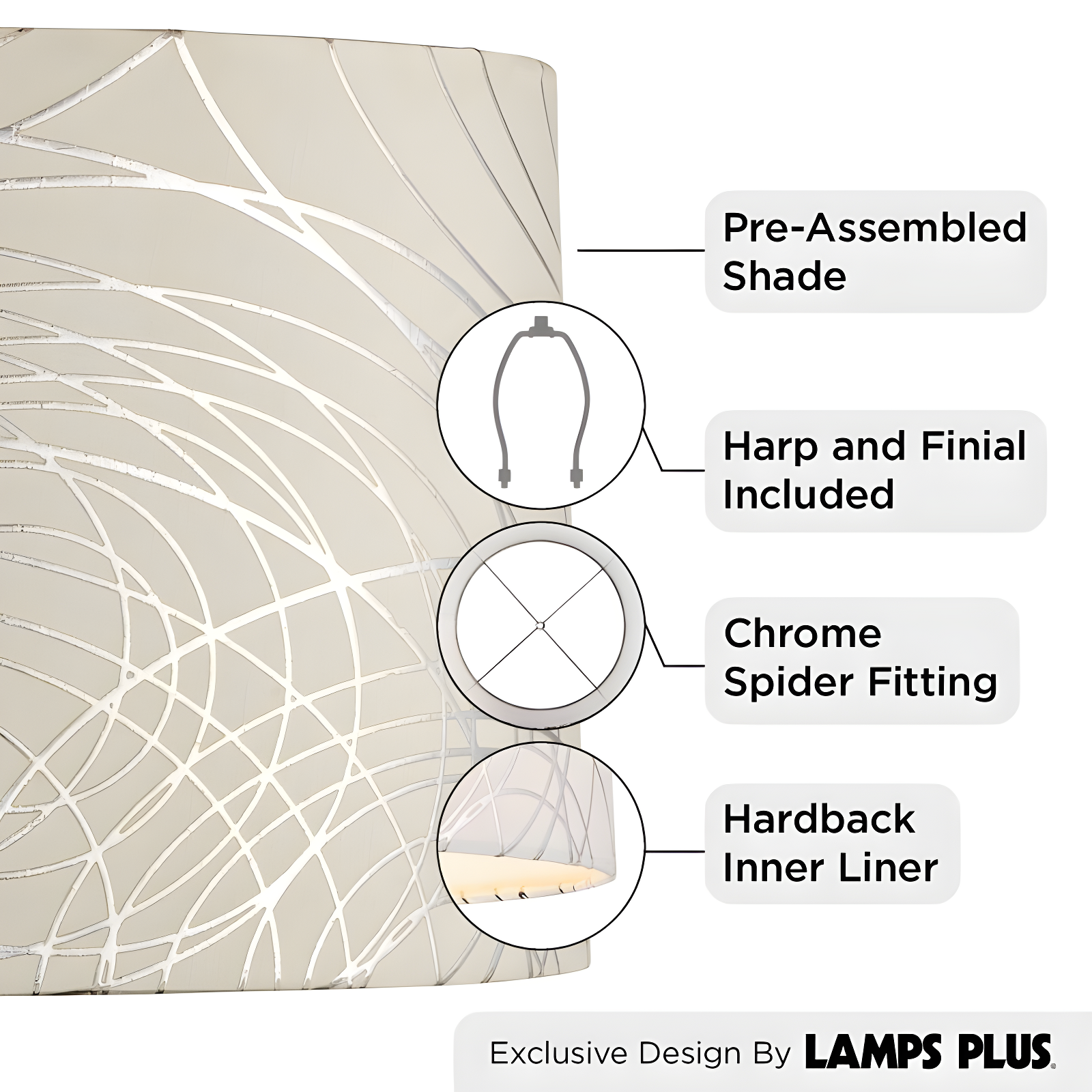 Springcrest Cream with Silver Circles Medium Drum Lamp Shade 15" Top x 16" Bottom x 11" High (Spider) Replacement with Harp and Finial