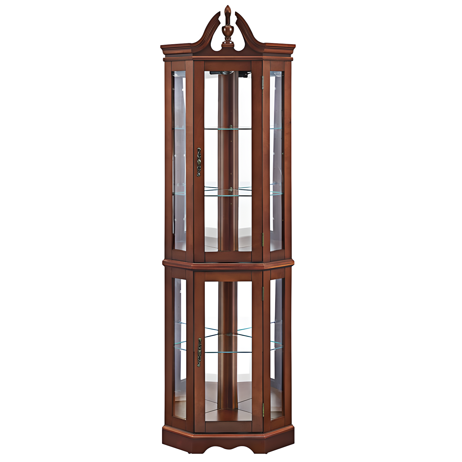 wendeway Walnut Corner Curio Cabinet With Lights,Adjustable Tempered Glass Shelves, Mirrored Back, Display Cabinet,Sideboard,Bookshelf