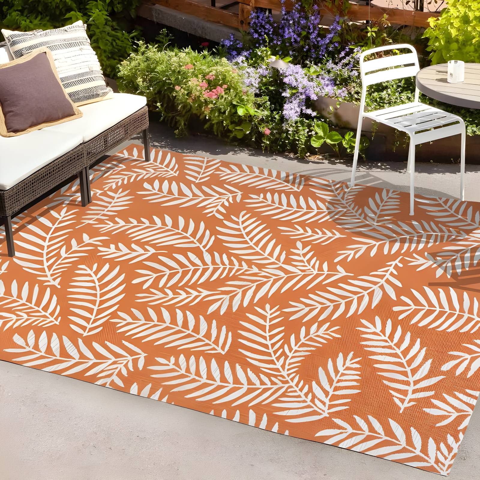8' x 10' Nevis Palm Frond Indoor/Outdoor Area Rug, Orange/Cream - JONATHAN Y