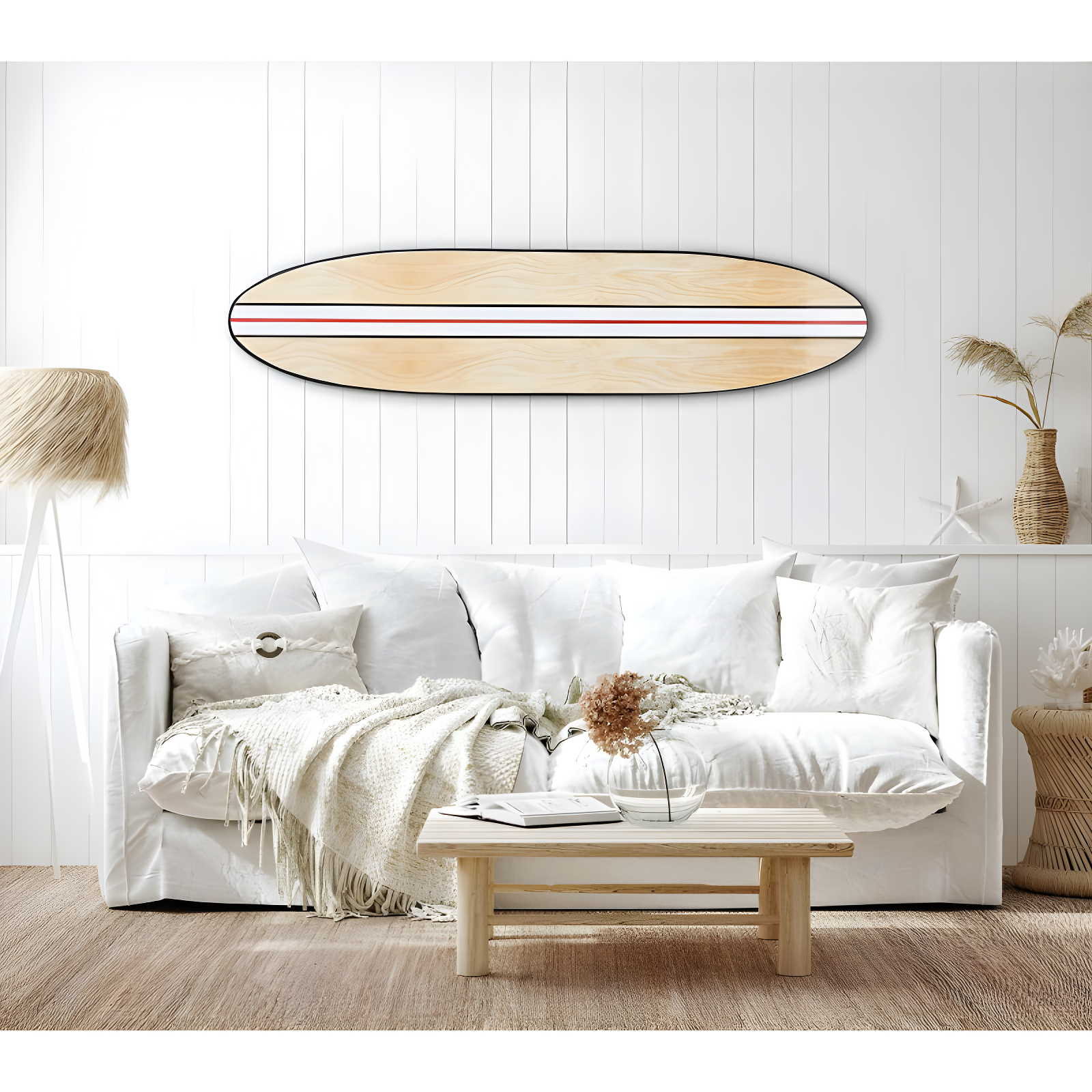 Storied Home Lacquered Wood Surfboard Wall Decor with White/Red Striped Hangs Vertical or Horizontal: Modern Abstract Art