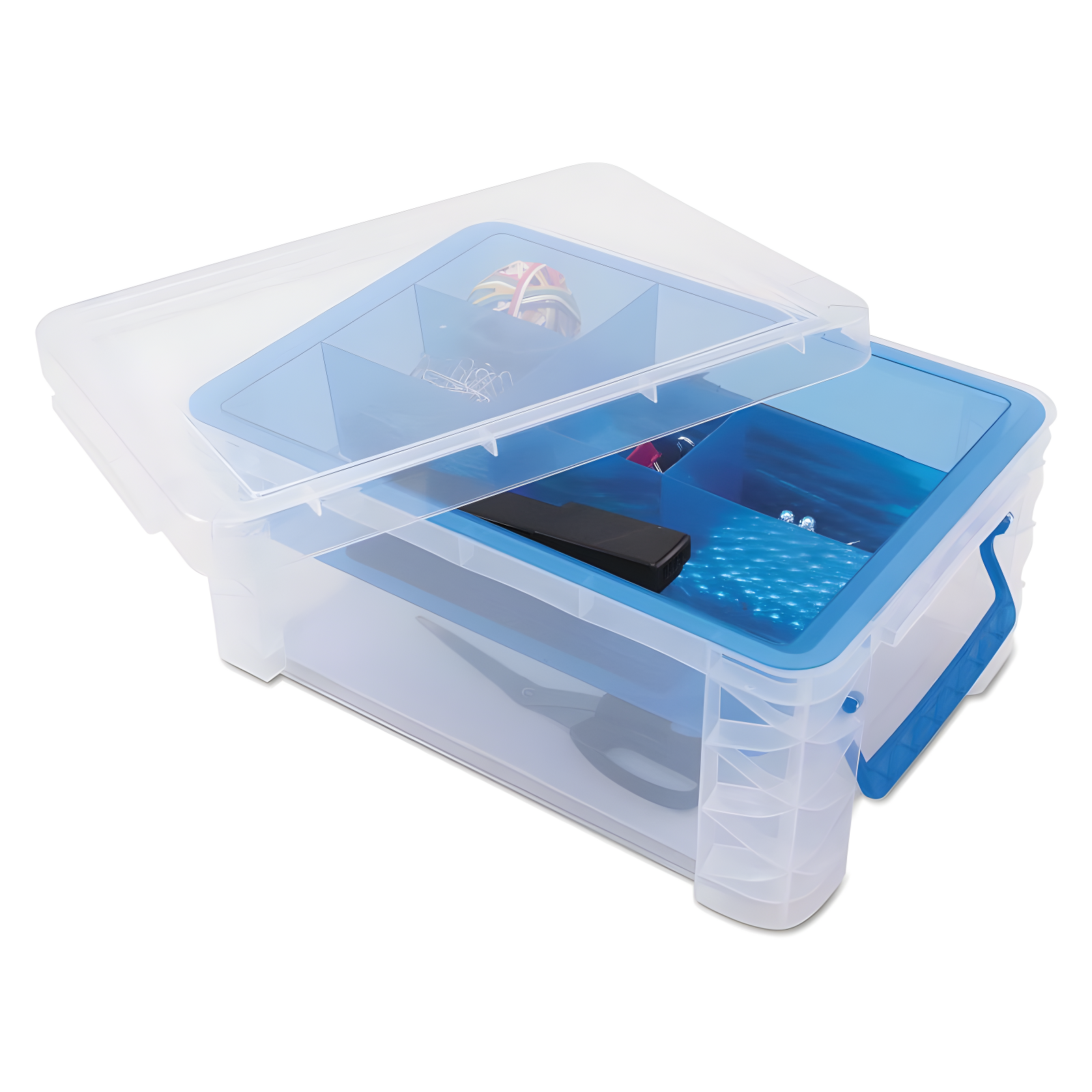 Advantus Super Stacker Divided Storage Box Clear w/Blue Tray/Handles 10.3 x 14.25x 6.5 37371