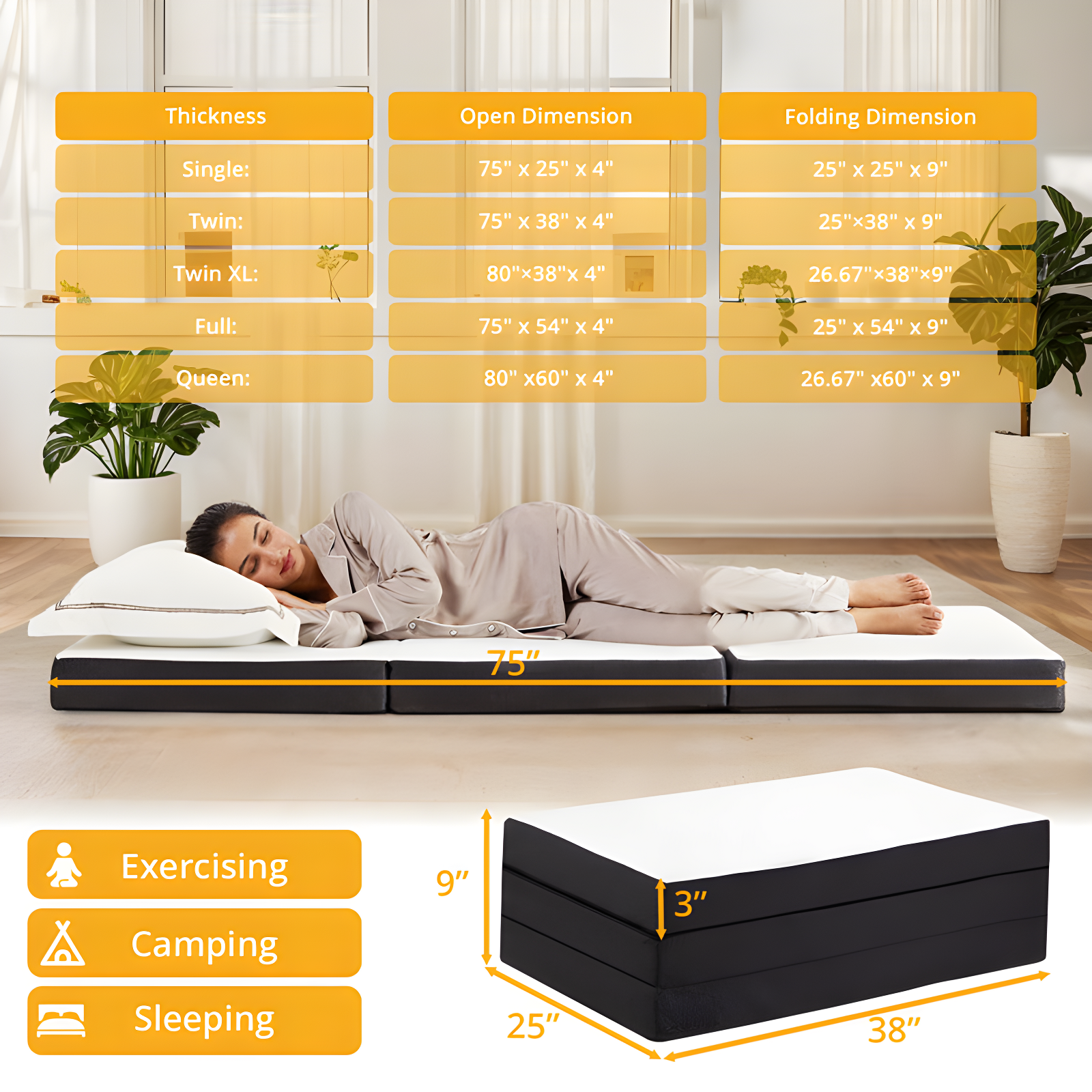 Salaam 3" Tri-fold Memory Foam Folding Mattress Topper for Camping, Foldable Mattress Topper with Washable Cover