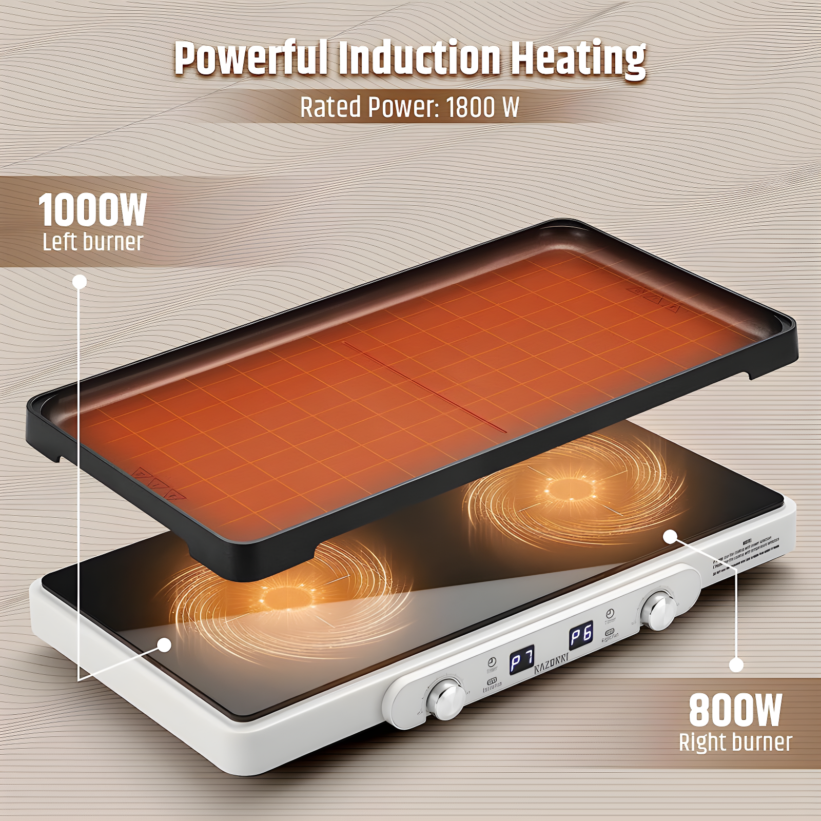 Razorri Electric Induction Cooktop, Removable Cast Iron Griddle Pan Non-Stick, 1800W Double Burner