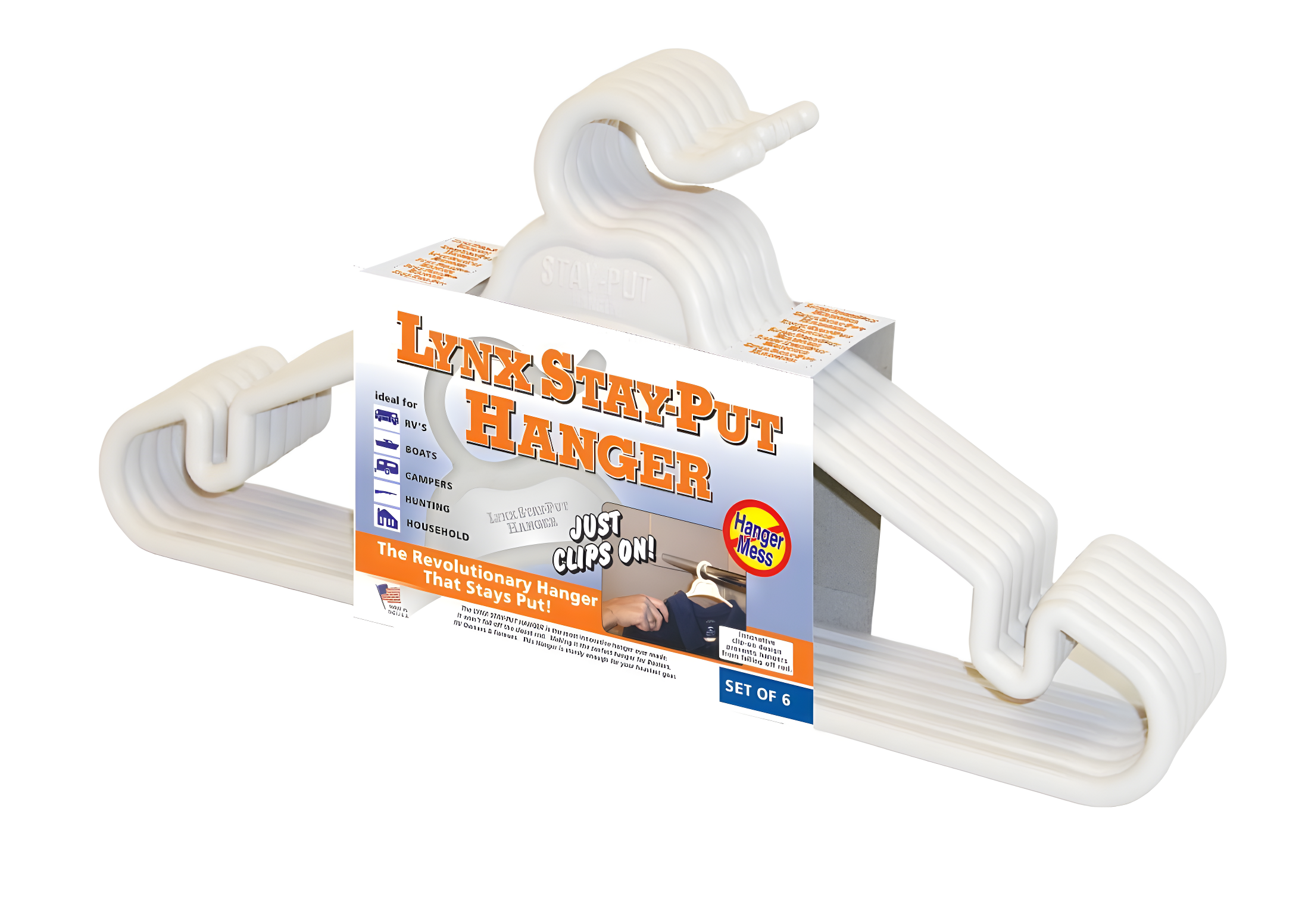 Lynx Stay-Put Plastic Hangers for RVs, Campers, Boats & Home, 6-Pack, 1200W, White, Plastic
