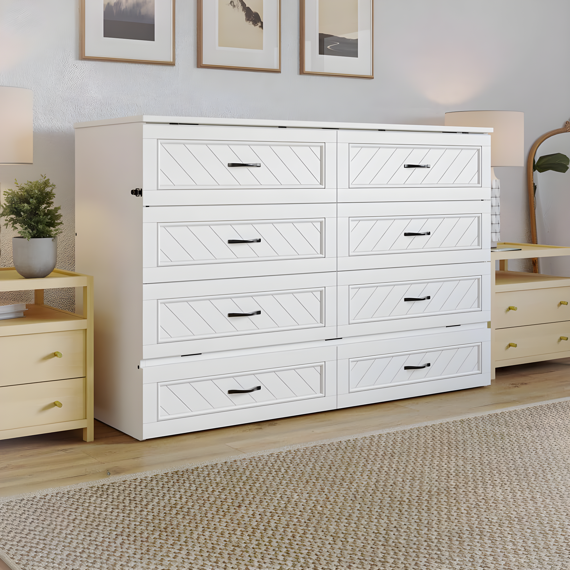 AFI Alpine Queen Wood Murphy Bed Chest with Mattress and Built-in Charger, White