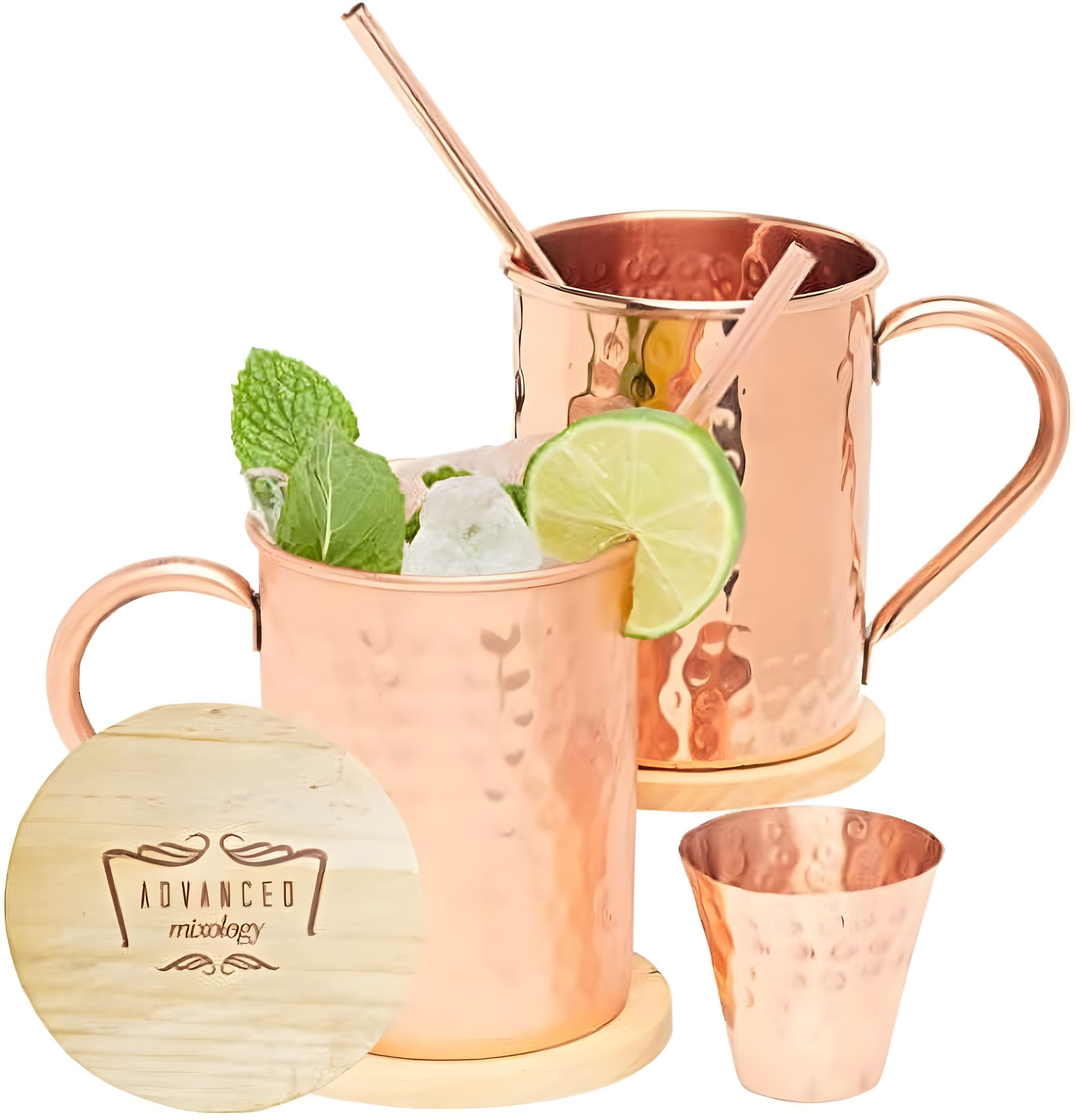 Advanced Mixology Moscow Mule Copper Mugs - Set of 2 - 100% HANDCRAFTED - Pure Solid Copper Mugs 16 oz Gift Set with BONUS: Artisan Wooden Coasters, Cocktail Copper Straws, and Shot Glass!