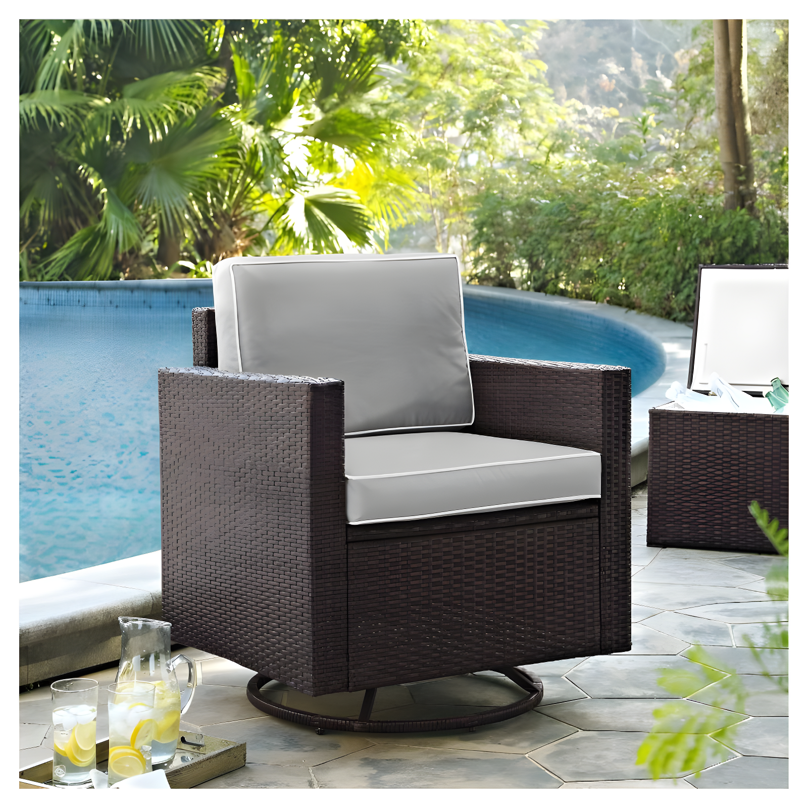 Palm Harbor Outdoor Wicker Swivel Rocker Chair with Gray Cushions - Crosley