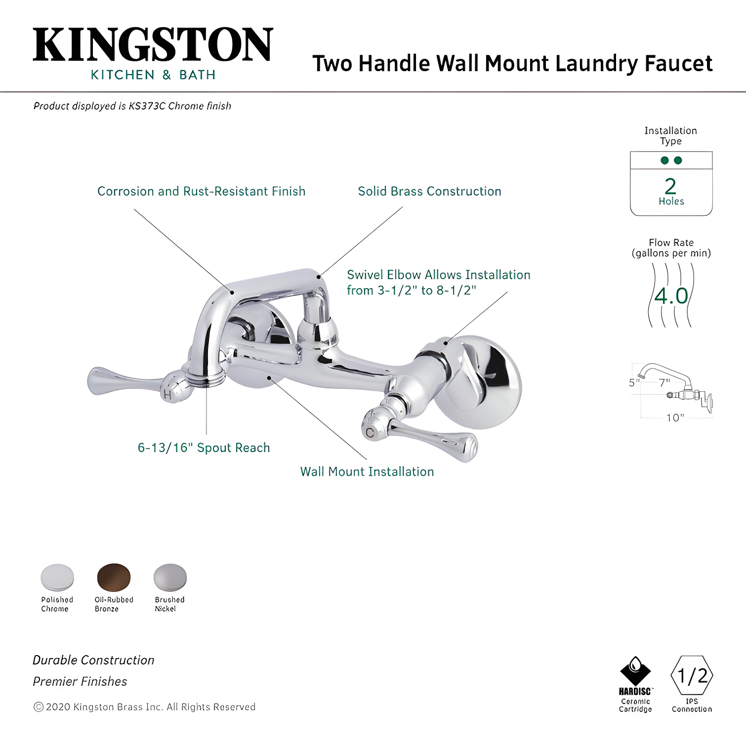 Kingston Brass Kingston Two-Handle 2-Hole Wall Mount Laundry Faucet
