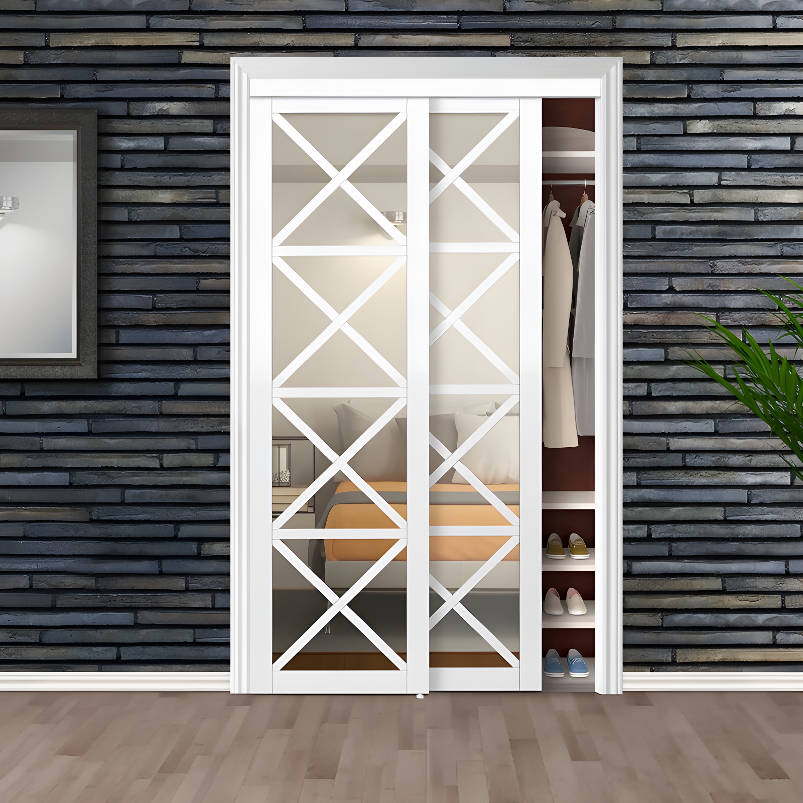 Lace 80'' Solid + Manufactured Wood Mirrored Low-Gloss Sliding Closet Doors