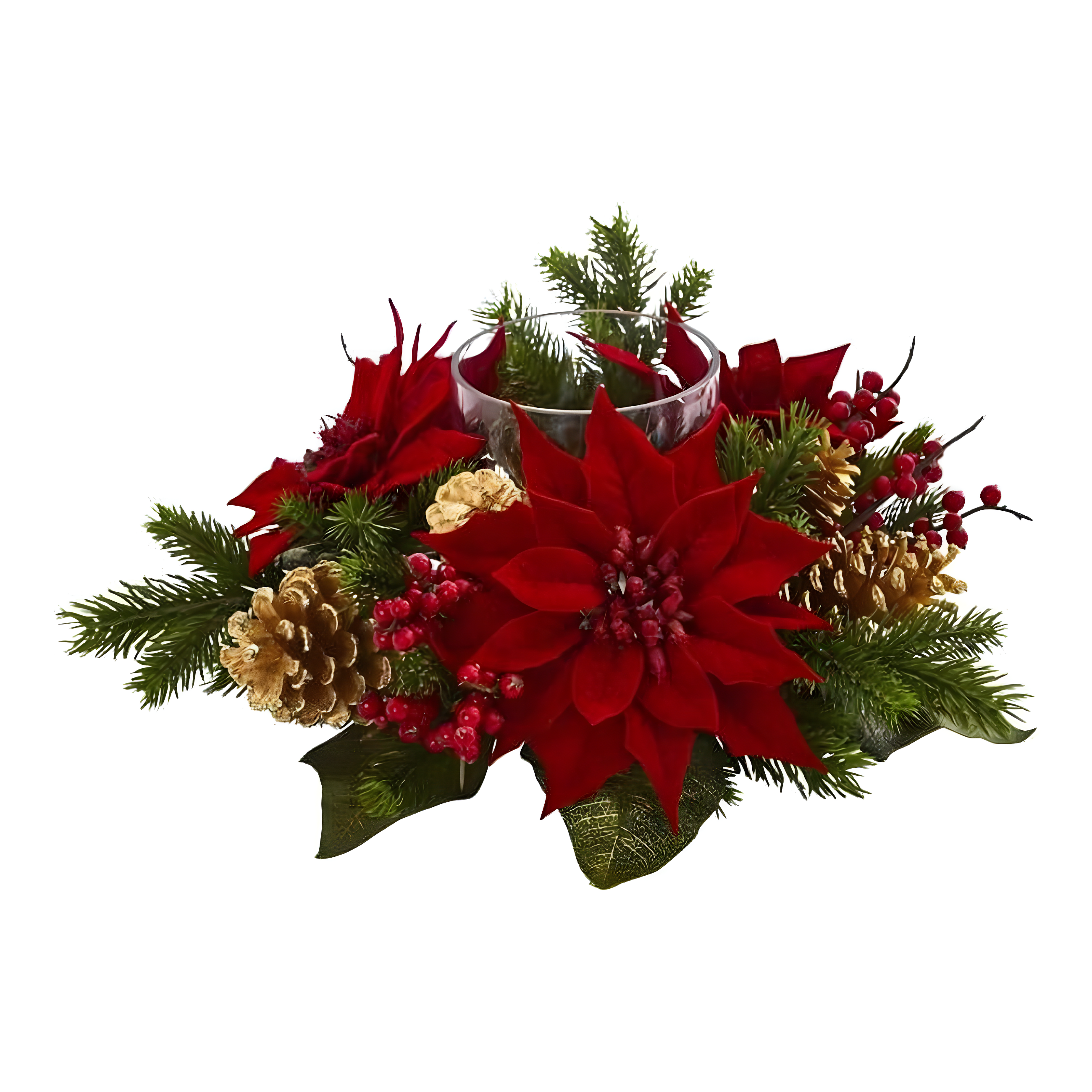 Nearly Natural Poinsettia, Berry and Golden Pine Cone Candelabrum Artificial Flower Arrangement