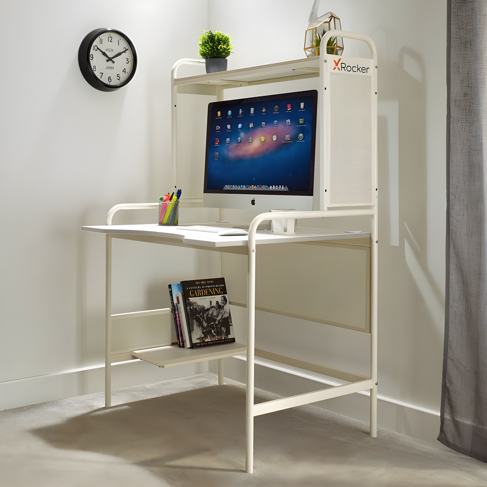 X Rocker iCarus Mesh Gaming Desk with Wood Desktop White: Steel Frame, Open Storage Shelf