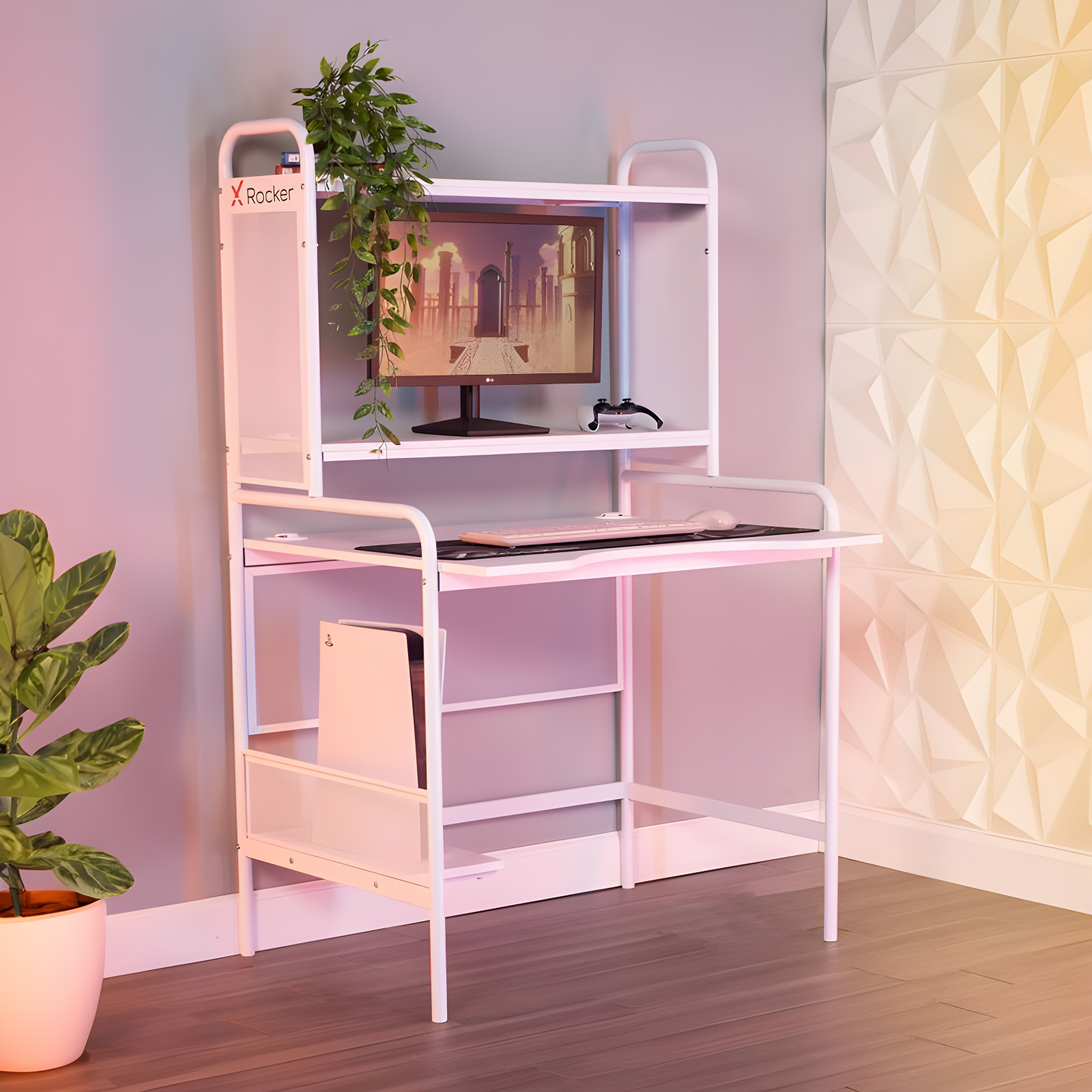 X Rocker iCarus Mesh Gaming Desk with Wood Desktop White: Steel Frame, Open Storage Shelf