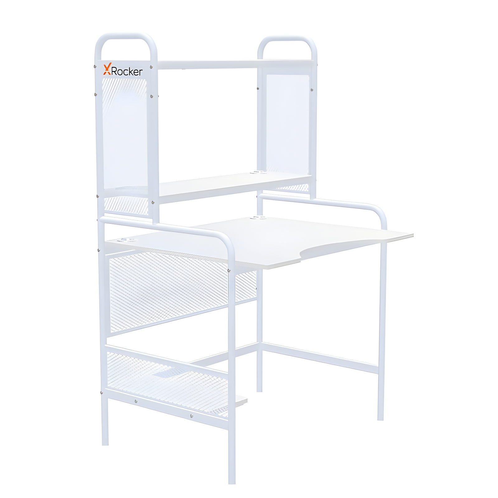 X Rocker iCarus Mesh Gaming Desk with Wood Desktop White: Steel Frame, Open Storage Shelf