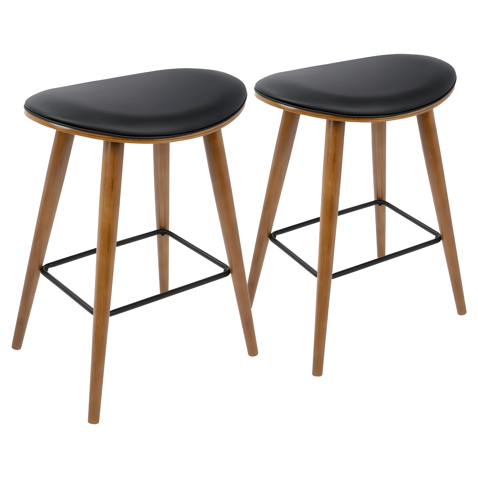 Set of 2 26" Saddle Counter Height Barstools with Faux Leather Black - Lumisource: Contoured Seat, Wood Legs, Metal Footrests