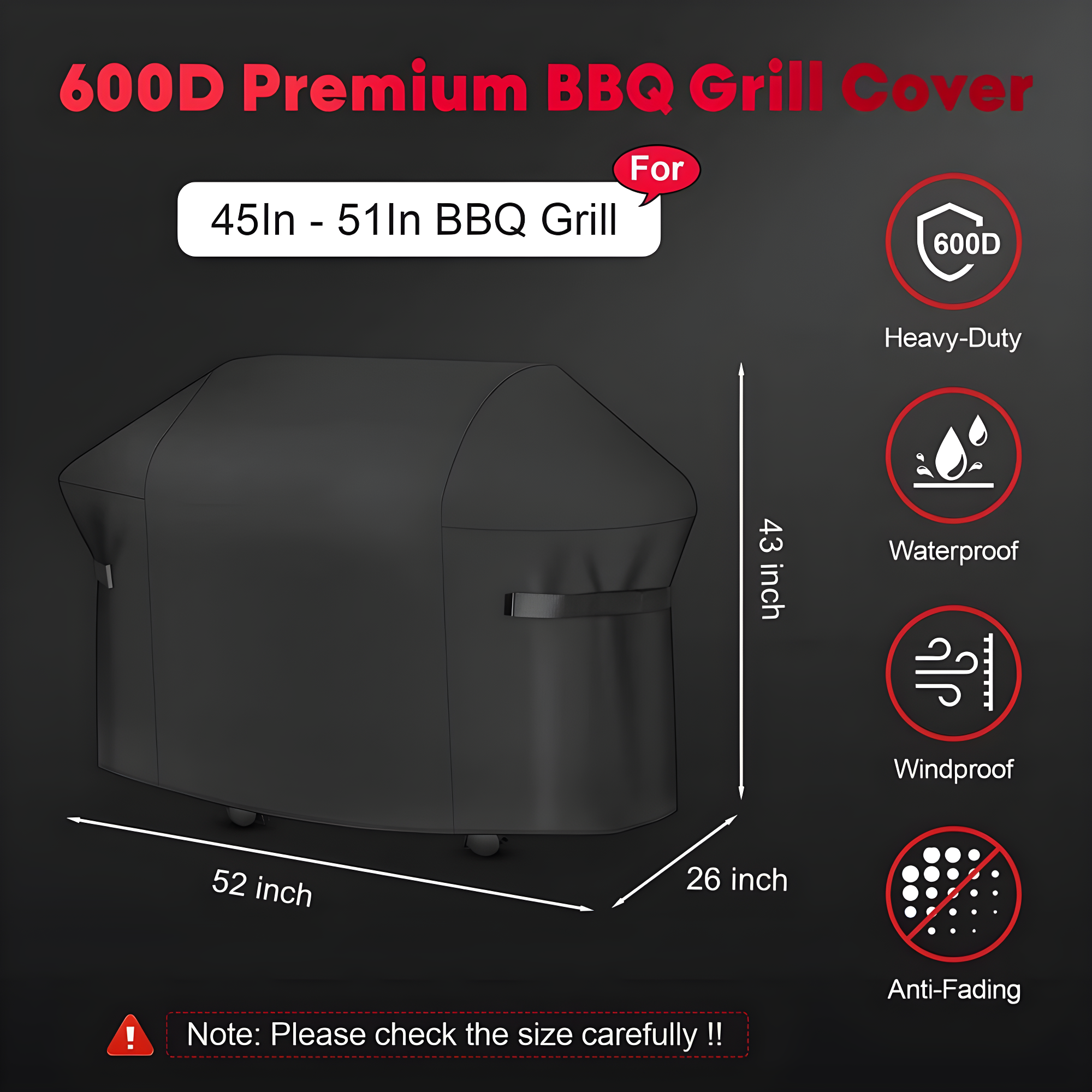 KINGLY 55 Inch Grill Cover for Outdoor Grill,600D Heavy Duty Rip-Proof Material BBQ Cover,Waterproof UV and Fade Resistant Gas Grill Cover with Straps,Barbecue Cover for Weber Char-Broil Nexgrill,etc