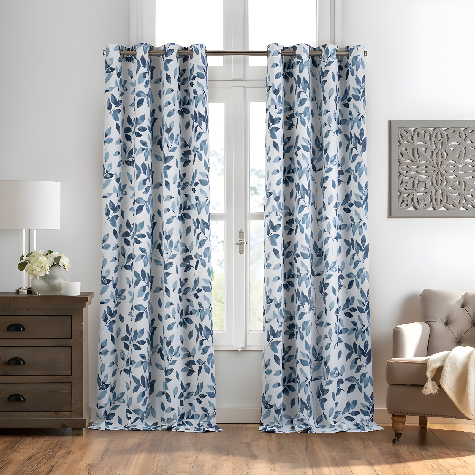 Avalon Botanical Floral Leaf Print Cottagecore Single Blackout Window Curtain Panel - 52" x 95" - Indigo - Elrene Home Fashions