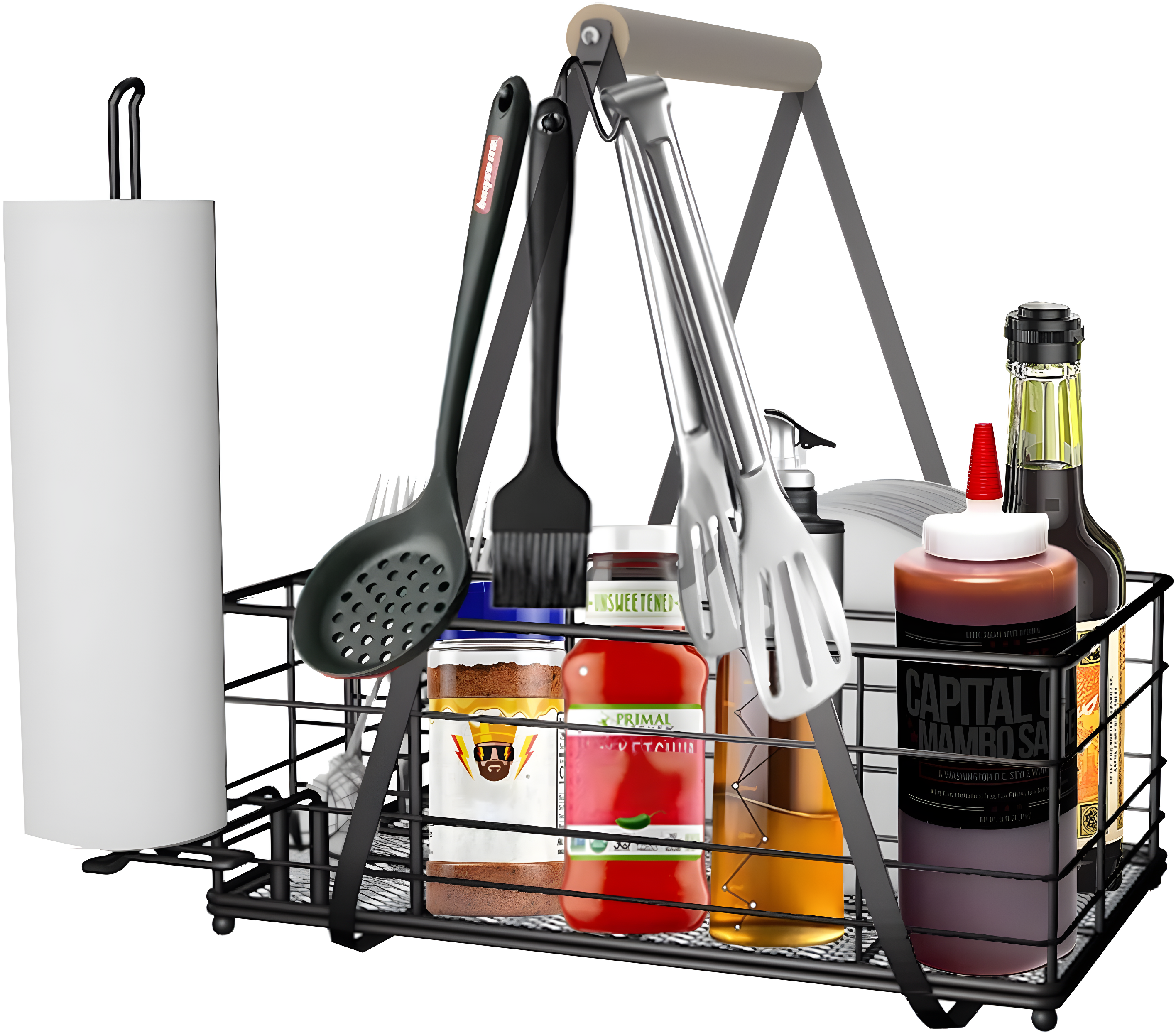 Picnic Caddy BBQ Utensil Caddy for Outdoor Grill Camping for Plate Cutlery CompartmentStorage with 3 Hooks Kitchenn Barbecue Accessories RV Patio Tailgate EssentialsEasy Carry Grilling Gifts for Men